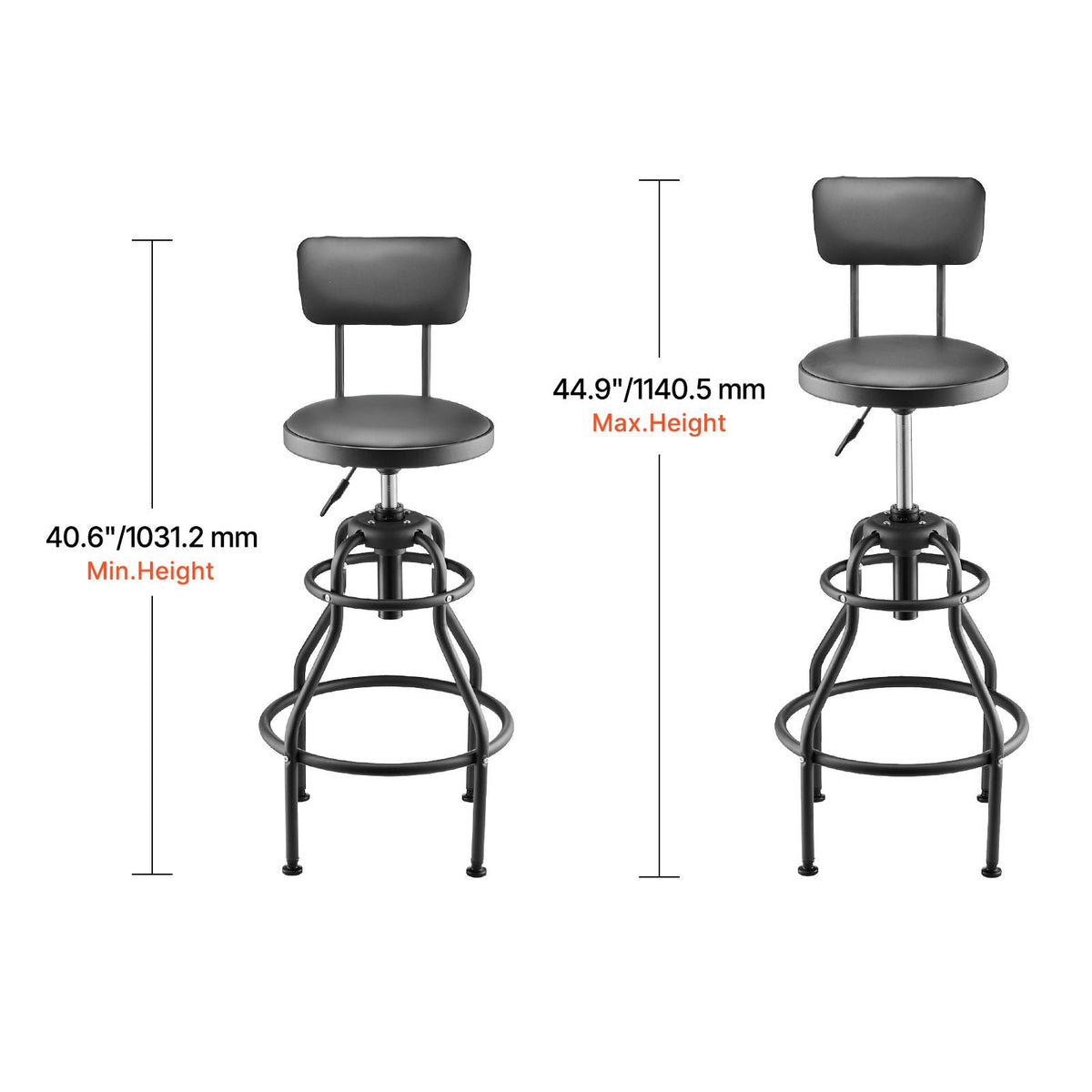 Shop Stool with Backrest, Pneumatic Garage Seat/Work Stool with 300 lbs Capacity, Adjustable Height Roller Creeper Seat, 360° Swivel Padded Workshop Stool, for Garage, Shop & Auto Repair, Black