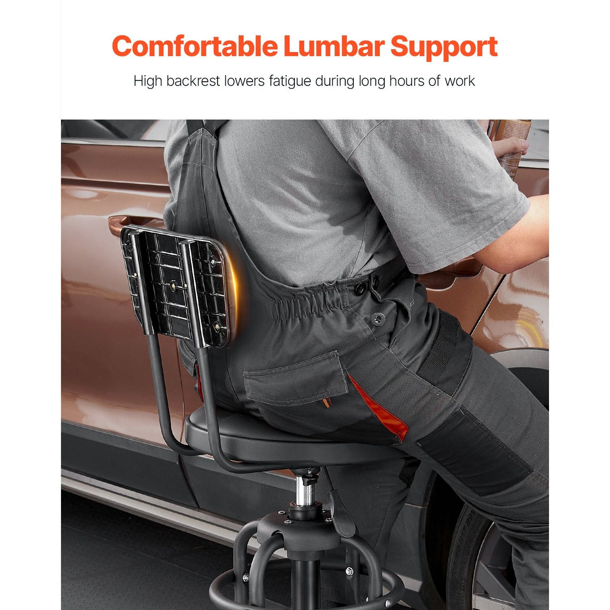 Shop Stool with Backrest, Pneumatic Garage Seat/Work Stool with 300 lbs Capacity, Adjustable Height Roller Creeper Seat, 360° Swivel Padded Workshop Stool, for Garage, Shop & Auto Repair, Black