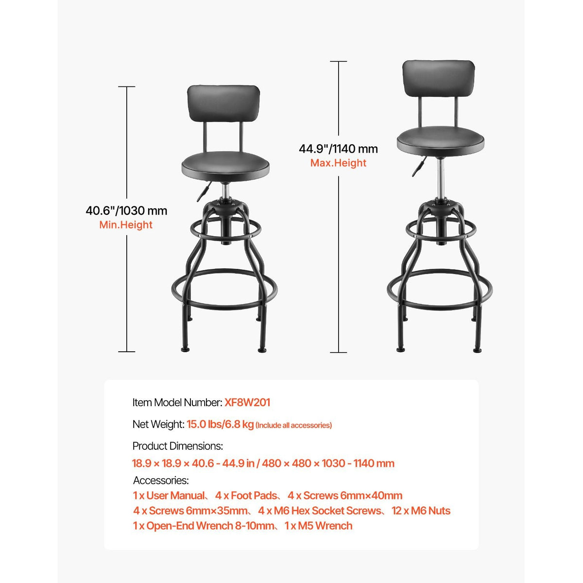 Shop Stool with Backrest, Pneumatic Garage Seat/Work Stool with 300 lbs Capacity, Adjustable Height Roller Creeper Seat, 360° Swivel Padded Workshop Stool, for Garage, Shop & Auto Repair, Black