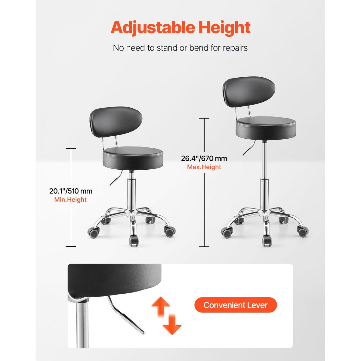 Shop Stool with Backrest, Pneumatic Garage Seat/Work Stool with Wheels, 300 lbs Load, Adjustable Roller Creeper Seat, 360° Swivel Padded Workshop Stool, for Garage, Shop & Auto Repair, Black