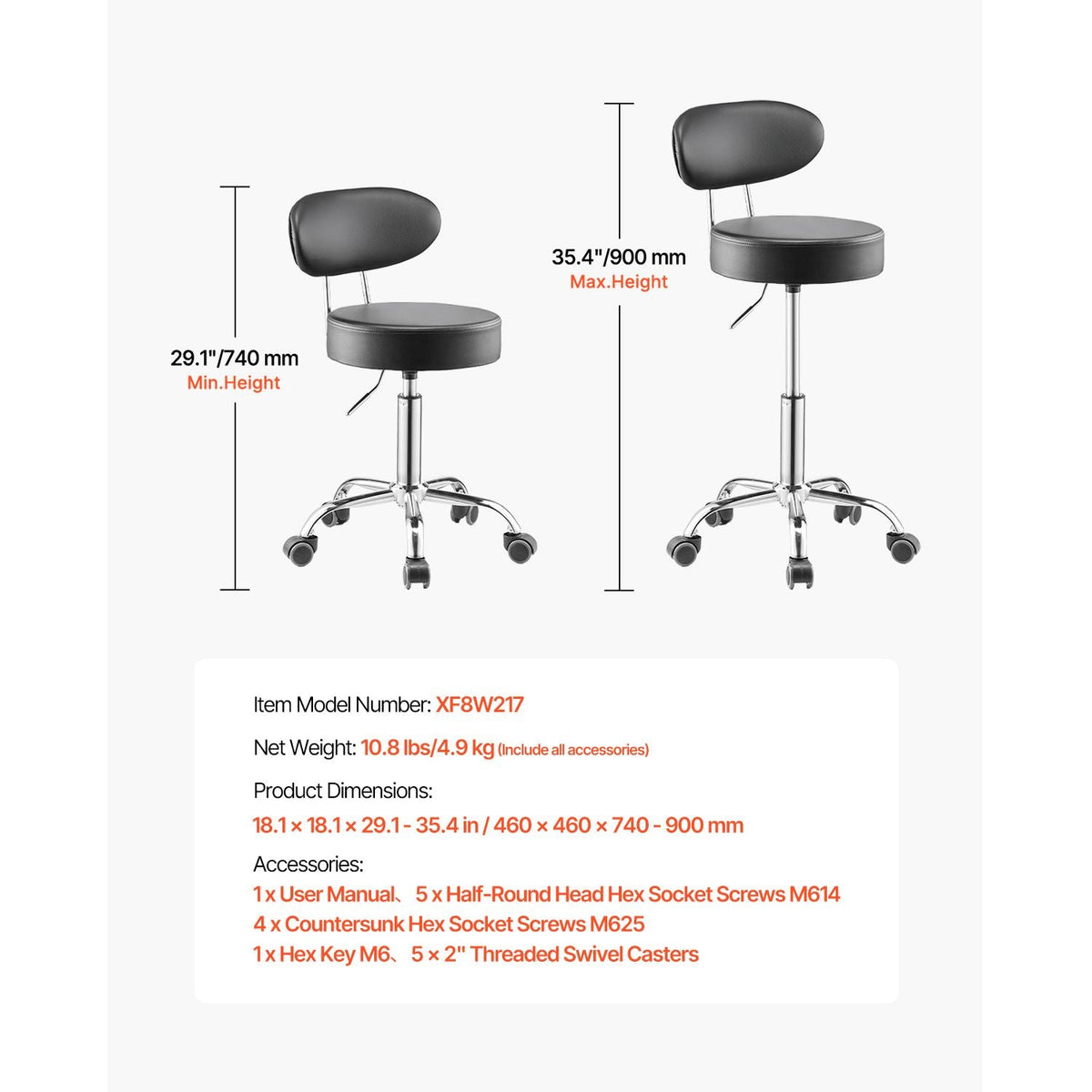 Shop Stool with Backrest, Pneumatic Garage Seat/Work Stool with Wheels, 300 lbs Load, Adjustable Roller Creeper Seat, 360° Swivel Padded Workshop Stool, for Garage, Shop & Auto Repair, Black