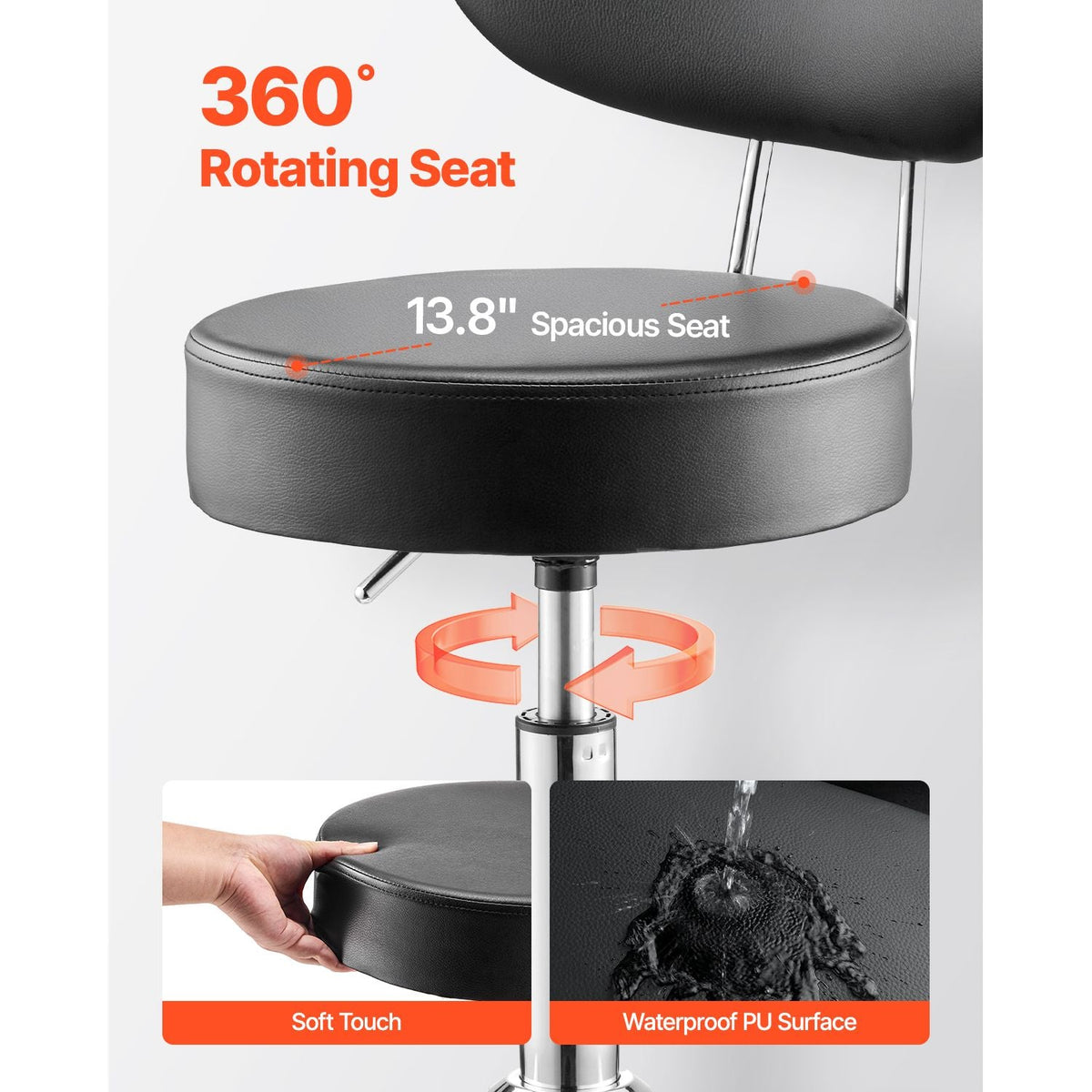 Shop Stool with Backrest, Pneumatic Garage Seat/Work Stool with Wheels, 300 lbs Load, Adjustable Roller Creeper Seat, 360° Swivel Padded Workshop Stool, for Garage, Shop & Auto Repair, Black