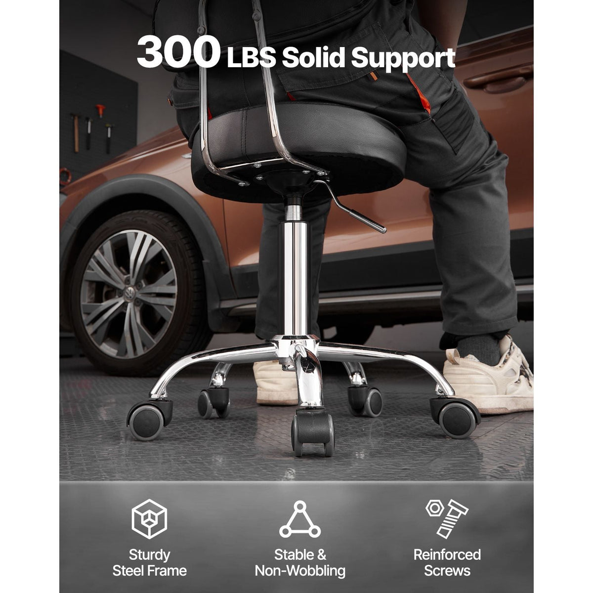 Shop Stool with Backrest, Pneumatic Garage Seat/Work Stool with Wheels, 300 lbs Load, Adjustable Roller Creeper Seat, 360° Swivel Padded Workshop Stool, for Garage, Shop & Auto Repair, Black