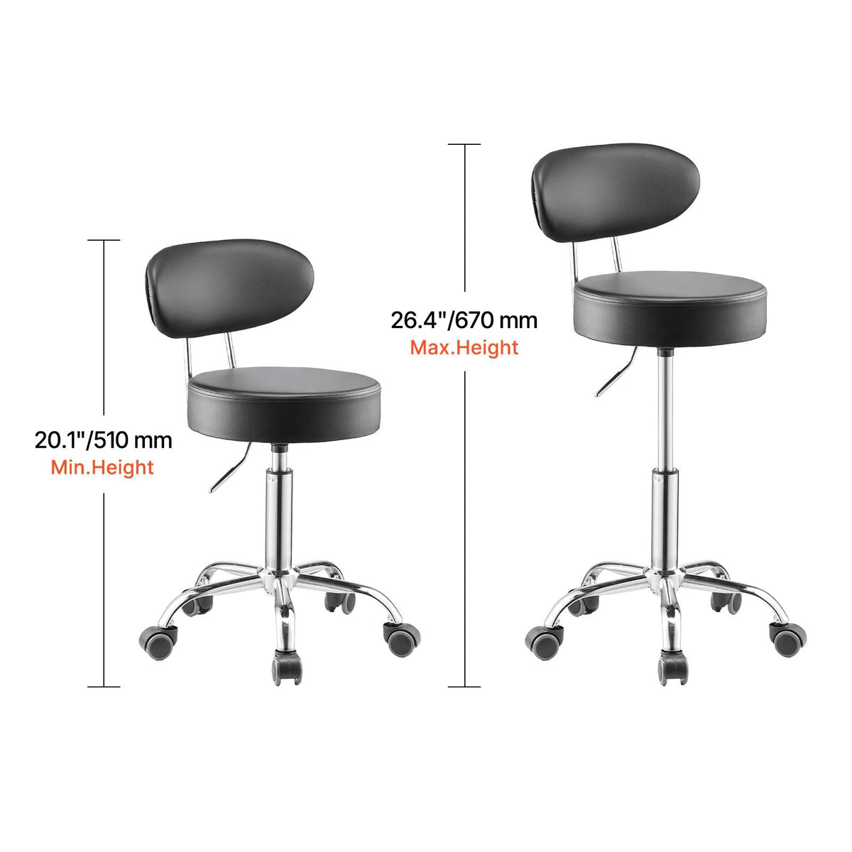 Shop Stool with Backrest, Pneumatic Garage Seat/Work Stool with Wheels, 300 lbs Load, Adjustable Roller Creeper Seat, 360° Swivel Padded Workshop Stool, for Garage, Shop & Auto Repair, Black