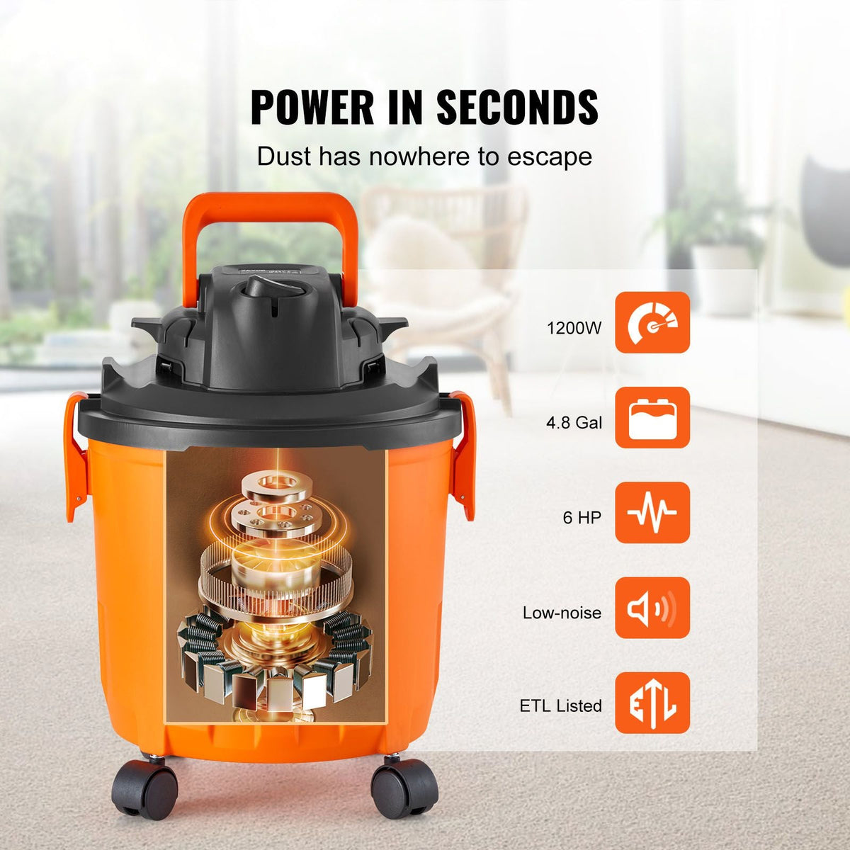 Shop Vacuum Wet And Dry, 5 Gallon 6 Peak HP Wet/Dry Vac, Powerful Suction with Blower Function with Attachments 2-in-1 Crevice Nozzle, Small Shop Vac Perfect for Carpet Debris, Pet Hair, Car