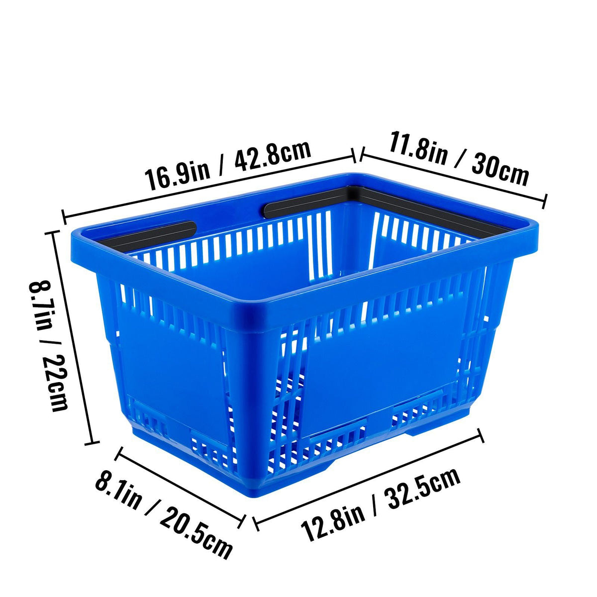 Shopping Basket, 16.9 x 11.8 x 8.7 in/42.8 x 30 x 22 cm((L x W x H), Plastic Handle and Iron Stand, Set of 12 Store Baskets with Durable PE Material Used for Supermarket, Retail, Bookstore, Blue