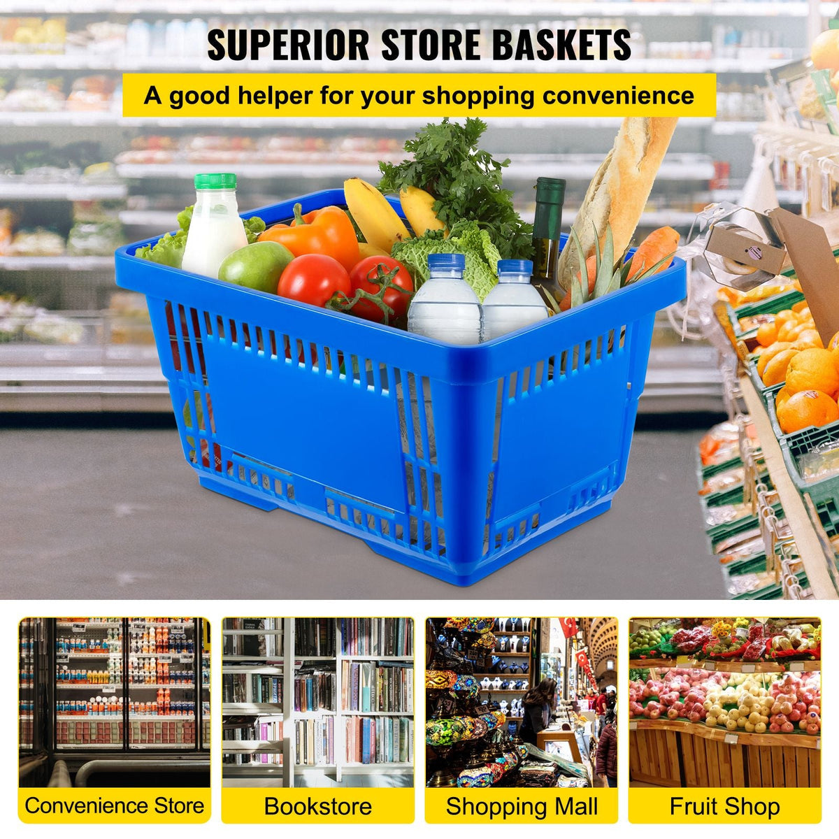 Shopping Basket, 16.9 x 11.8 x 8.7 in/42.8 x 30 x 22 cm((L x W x H), Plastic Handle and Iron Stand, Set of 12 Store Baskets with Durable PE Material Used for Supermarket, Retail, Bookstore, Blue