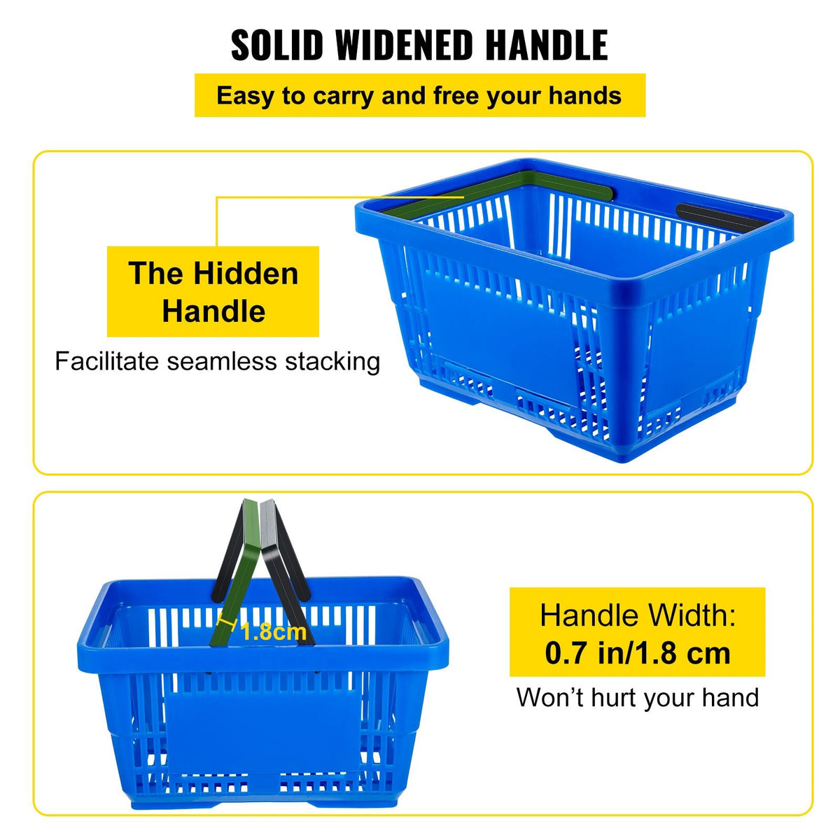 Shopping Basket, 16.9 x 11.8 x 8.7 in/42.8 x 30 x 22 cm((L x W x H), Plastic Handle and Iron Stand, Set of 12 Store Baskets with Durable PE Material Used for Supermarket, Retail, Bookstore, Blue