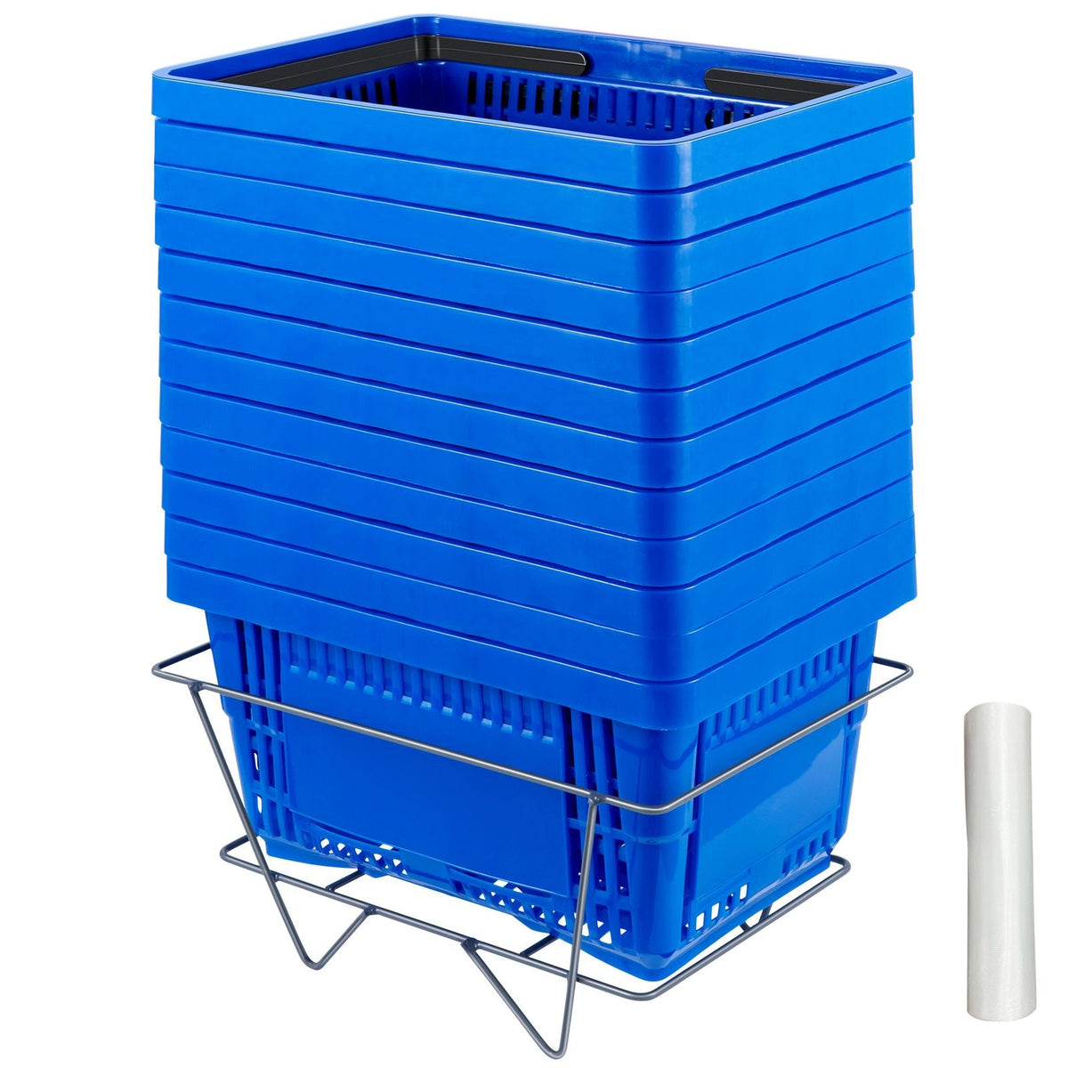 Shopping Basket, 16.9 x 11.8 x 8.7 in/42.8 x 30 x 22 cm((L x W x H), Plastic Handle and Iron Stand, Set of 12 Store Baskets with Durable PE Material Used for Supermarket, Retail, Bookstore, Blue