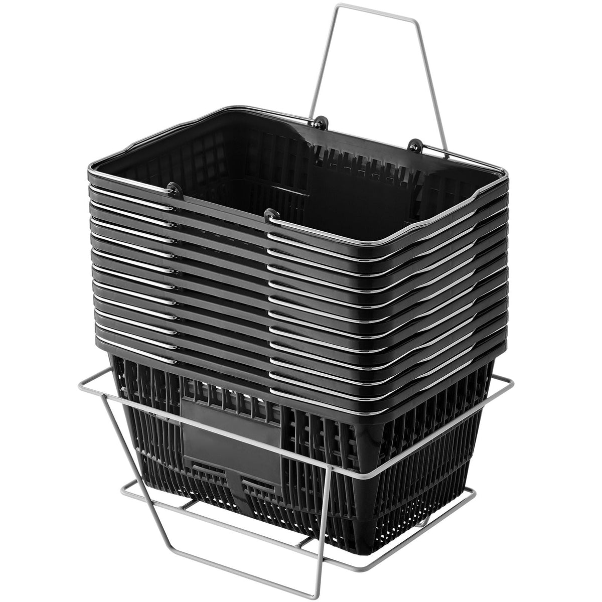 Shopping Basket, Set of 12, 21L Durable Plastic Grocery Basket with Metal Handle and Stand, 16.73 x 12.01 x 8.58 inch Portable Shop Basket for Retail Store Supermarket Grocery Shopping, Black