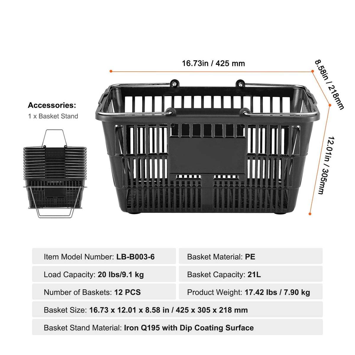 Shopping Basket, Set of 12, 21L Durable Plastic Grocery Basket with Metal Handle and Stand, 16.73 x 12.01 x 8.58 inch Portable Shop Basket for Retail Store Supermarket Grocery Shopping, Black