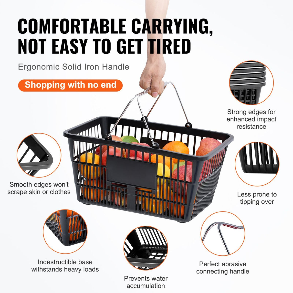 Shopping Basket, Set of 12, 21L Durable Plastic Grocery Basket with Metal Handle and Stand, 16.73 x 12.01 x 8.58 inch Portable Shop Basket for Retail Store Supermarket Grocery Shopping, Black