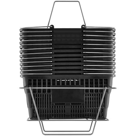 Shopping Basket, Set of 12, 21L Durable Plastic Grocery Basket with Metal Handle and Stand, 16.73 x 12.01 x 8.58 inch Portable Shop Basket for Retail Store Supermarket Grocery Shopping, Black