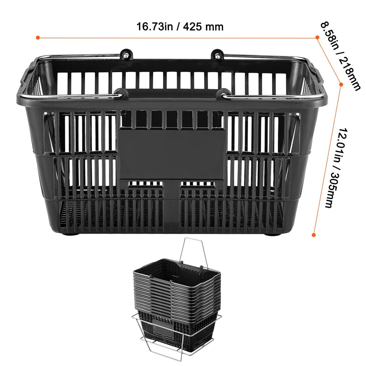 Shopping Basket, Set of 12, 21L Durable Plastic Grocery Basket with Metal Handle and Stand, 16.73 x 12.01 x 8.58 inch Portable Shop Basket for Retail Store Supermarket Grocery Shopping, Black