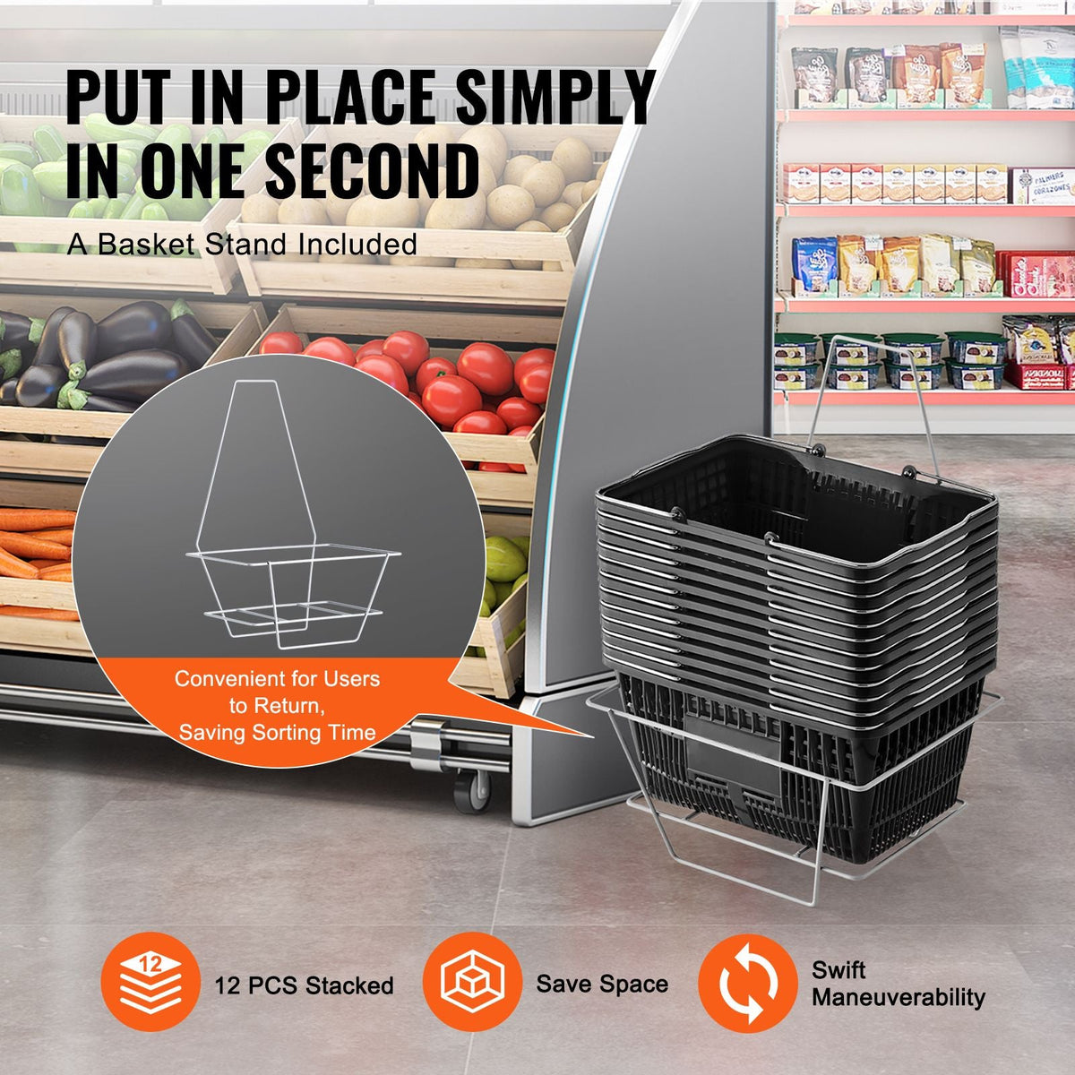 Shopping Basket, Set of 12, 21L Durable Plastic Grocery Basket with Metal Handle and Stand, 16.73 x 12.01 x 8.58 inch Portable Shop Basket for Retail Store Supermarket Grocery Shopping, Black
