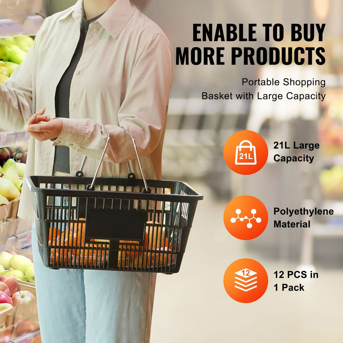 Shopping Basket, Set of 12, 21L Durable Plastic Grocery Basket with Metal Handle and Stand, 16.73 x 12.01 x 8.58 inch Portable Shop Basket for Retail Store Supermarket Grocery Shopping, Black