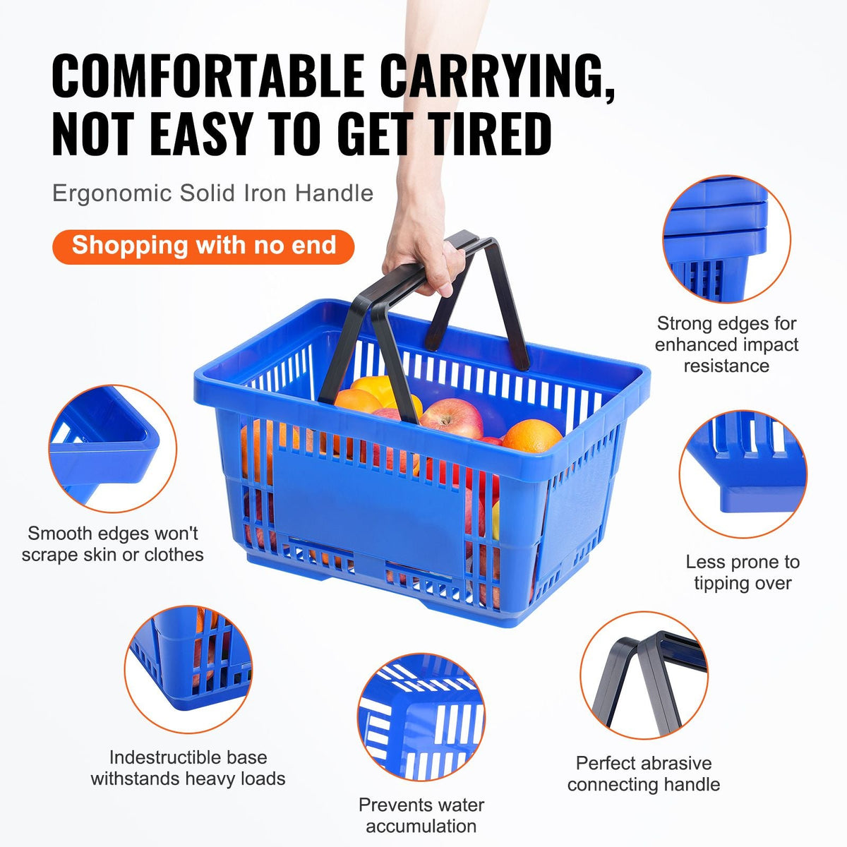 Shopping Basket, Set of 12, 24L Durable Plastic Grocery Basket with Handle and Stand, 16.73 x 11.61 x 8.86 inch Portable Shop Basket Bulk Used for Retail Store Supermarket Grocery Shopping, Blue