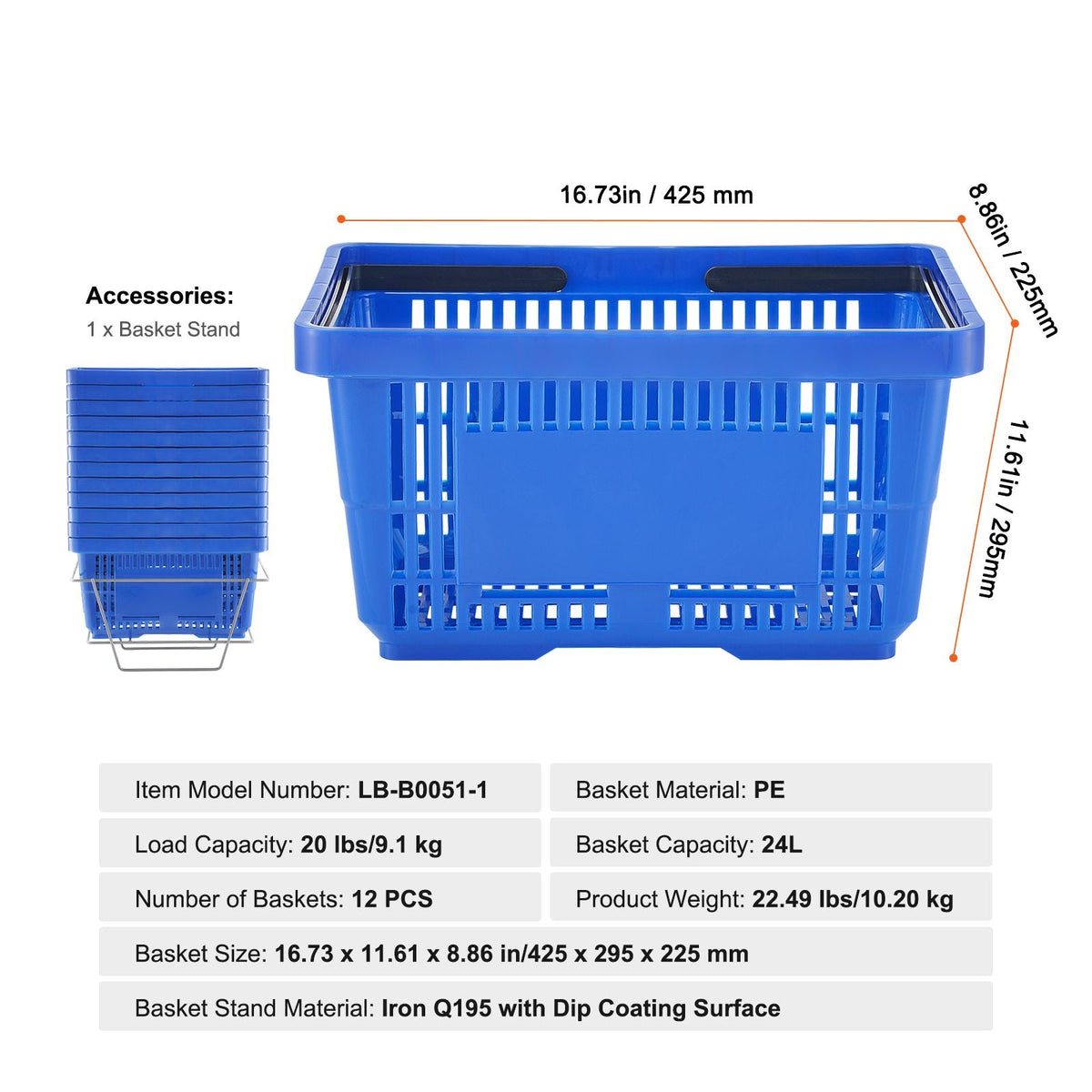Shopping Basket, Set of 12, 24L Durable Plastic Grocery Basket with Handle and Stand, 16.73 x 11.61 x 8.86 inch Portable Shop Basket Bulk Used for Retail Store Supermarket Grocery Shopping, Blue