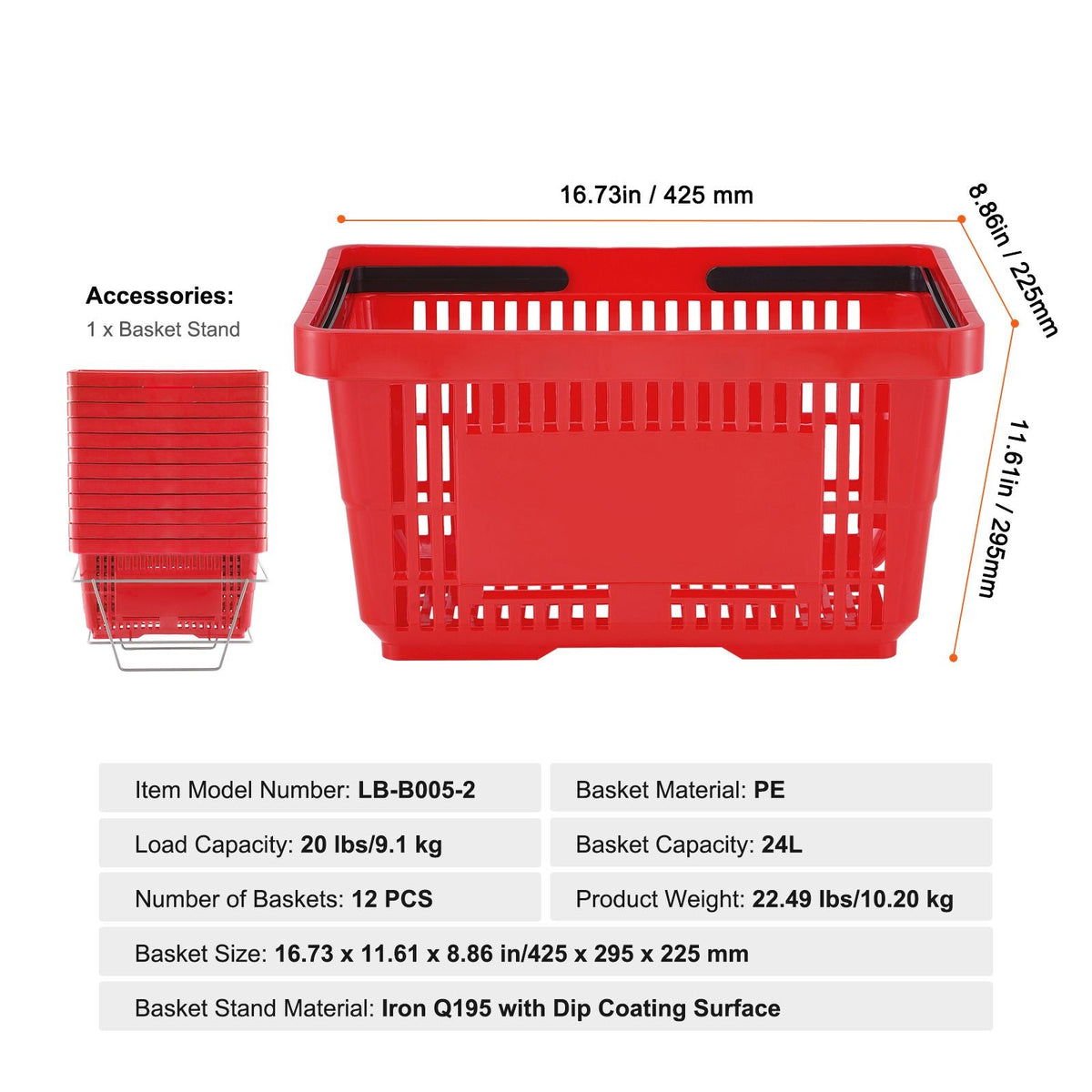 Shopping Basket, Set of 12, 24L Durable Plastic Grocery Basket with Handle and Stand, 16.73 x 11.61 x 8.86 inch Portable Shop Basket Bulk Used for Retail Store Supermarket Grocery Shopping, Red