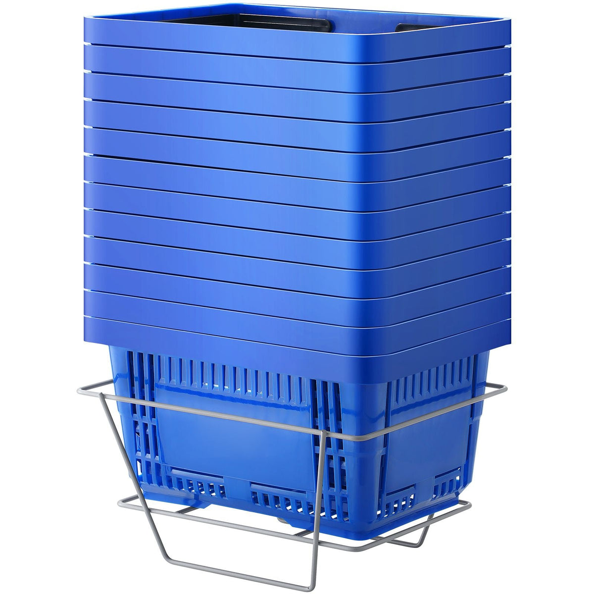 Shopping Basket, Set of 12, 24L Durable Plastic Grocery Basket with Handle and Stand, 16.73 x 11.61 x 8.86 inch Portable Shop Basket Bulk Used for Retail Store Supermarket Grocery Shopping, Blue