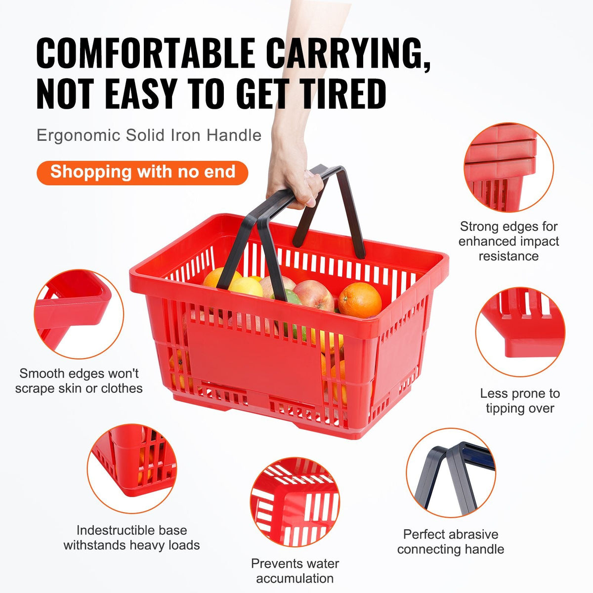 Shopping Basket, Set of 12, 24L Durable Plastic Grocery Basket with Handle and Stand, 16.73 x 11.61 x 8.86 inch Portable Shop Basket Bulk Used for Retail Store Supermarket Grocery Shopping, Red