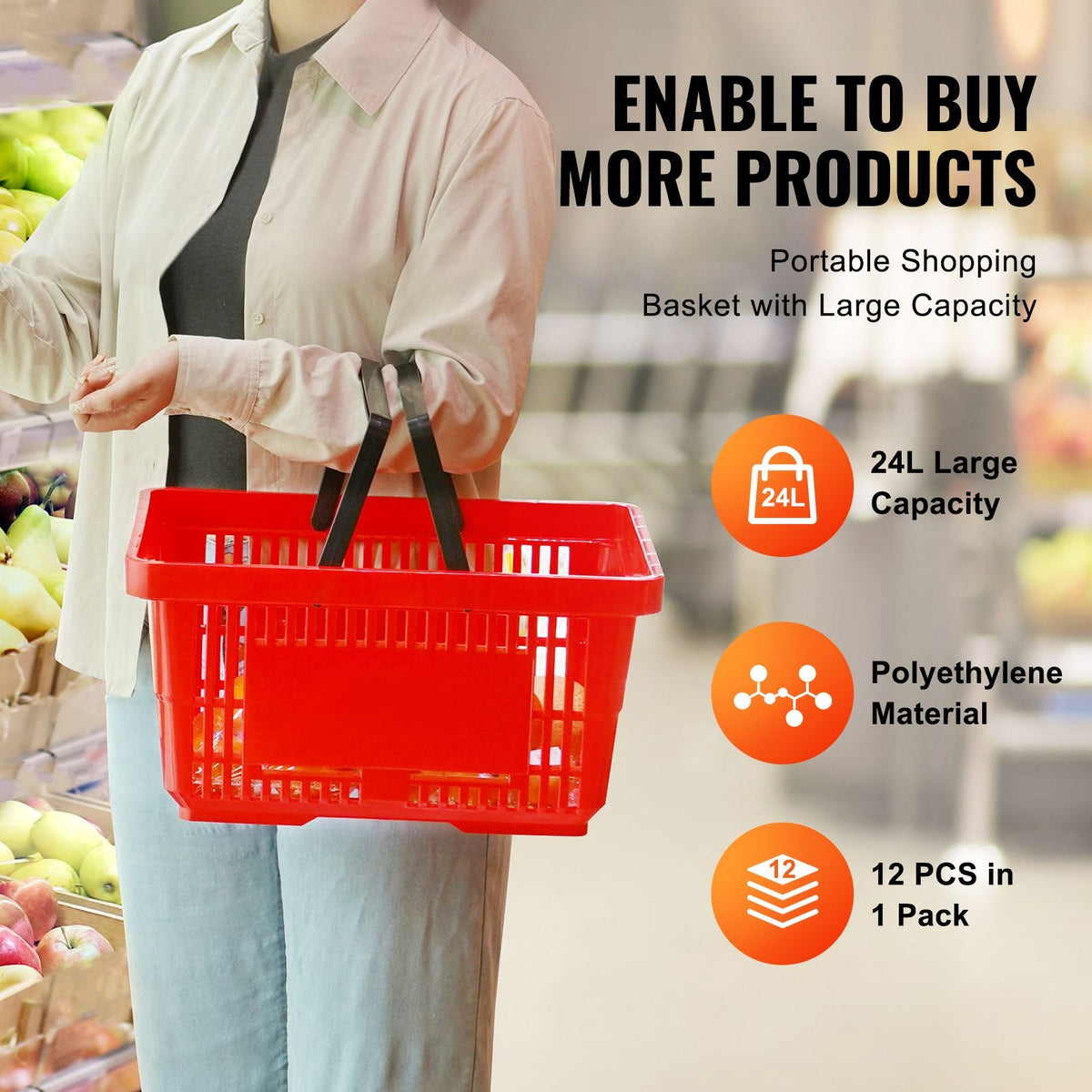 Shopping Basket, Set of 12, 24L Durable Plastic Grocery Basket with Handle and Stand, 16.73 x 11.61 x 8.86 inch Portable Shop Basket Bulk Used for Retail Store Supermarket Grocery Shopping, Red