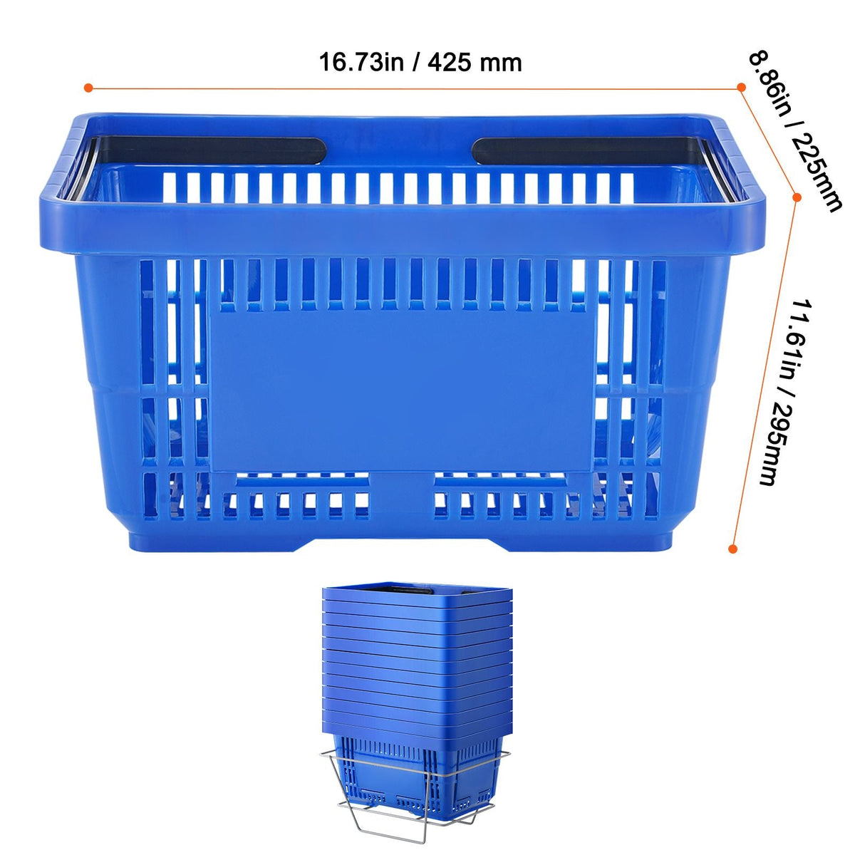 Shopping Basket, Set of 12, 24L Durable Plastic Grocery Basket with Handle and Stand, 16.73 x 11.61 x 8.86 inch Portable Shop Basket Bulk Used for Retail Store Supermarket Grocery Shopping, Blue