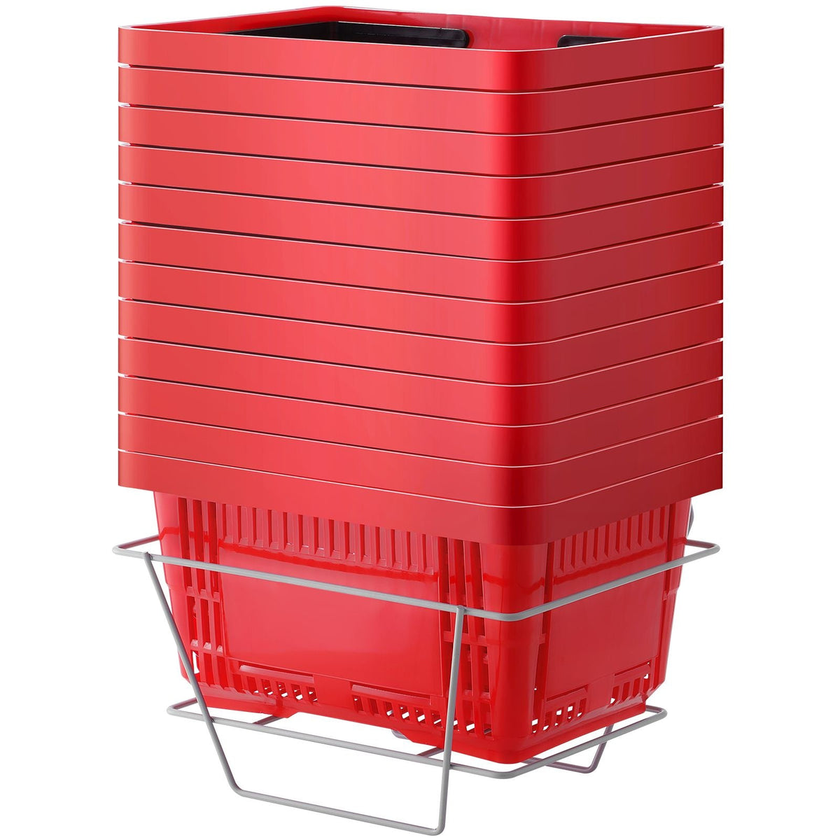 Shopping Basket, Set of 12, 24L Durable Plastic Grocery Basket with Handle and Stand, 16.73 x 11.61 x 8.86 inch Portable Shop Basket Bulk Used for Retail Store Supermarket Grocery Shopping, Red
