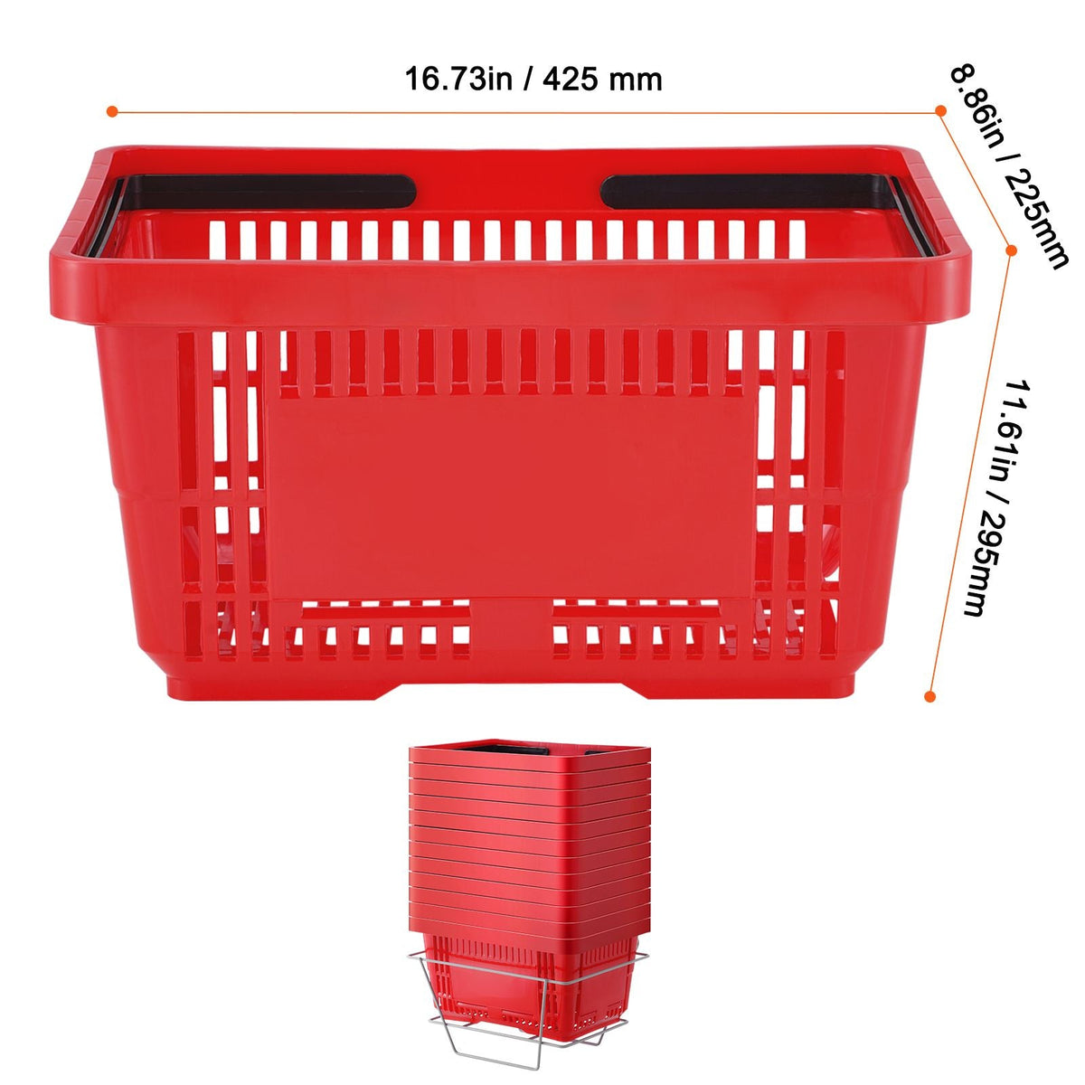 Shopping Basket, Set of 12, 24L Durable Plastic Grocery Basket with Handle and Stand, 16.73 x 11.61 x 8.86 inch Portable Shop Basket Bulk Used for Retail Store Supermarket Grocery Shopping, Red
