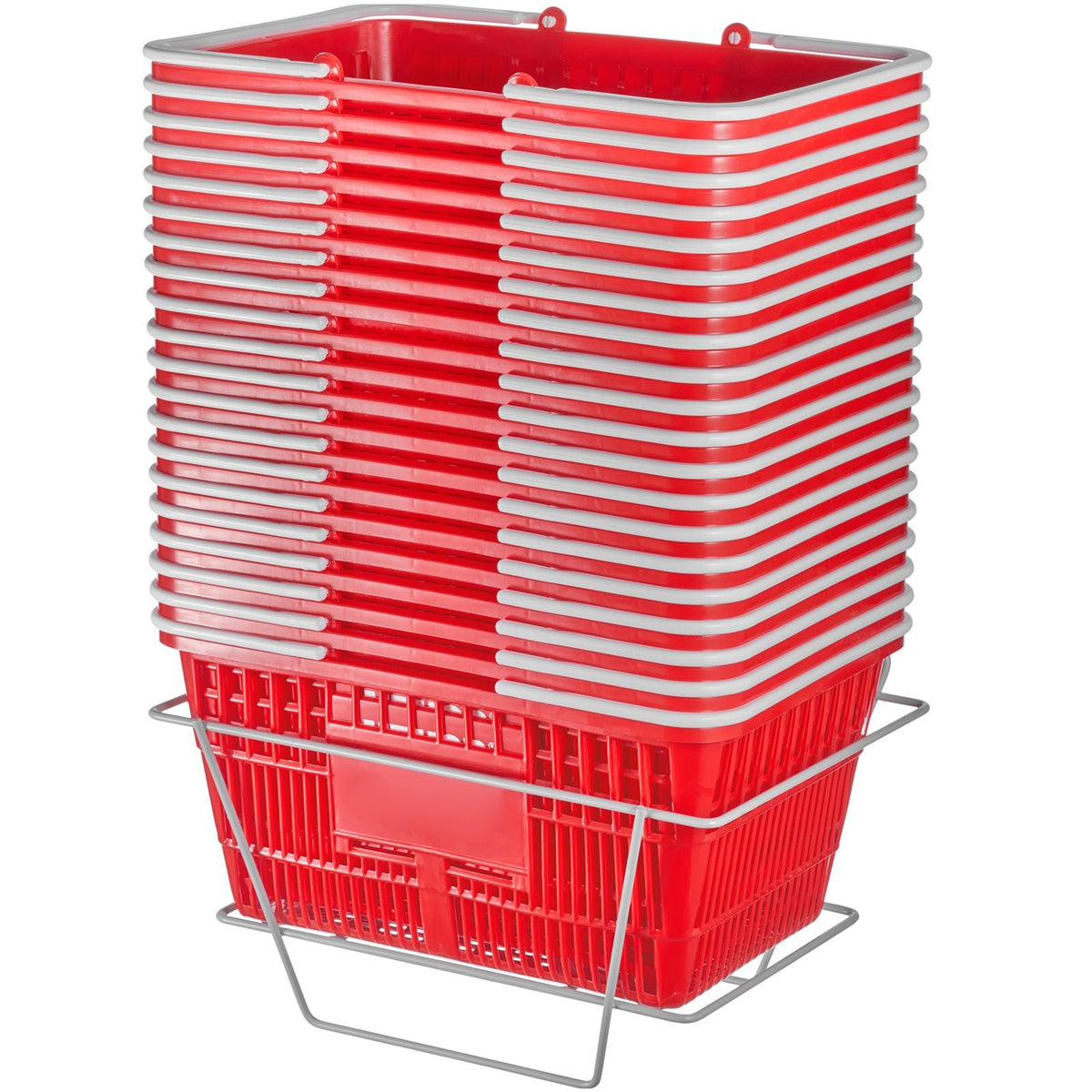 Shopping Basket, Set of 20, 21L Durable Plastic Grocery Basket with Handle and Stand, 16.5 x 11.8 x 8.27 inch Portable Shop Basket Bulk Used for Retail Store Supermarket Grocery Shopping, Red