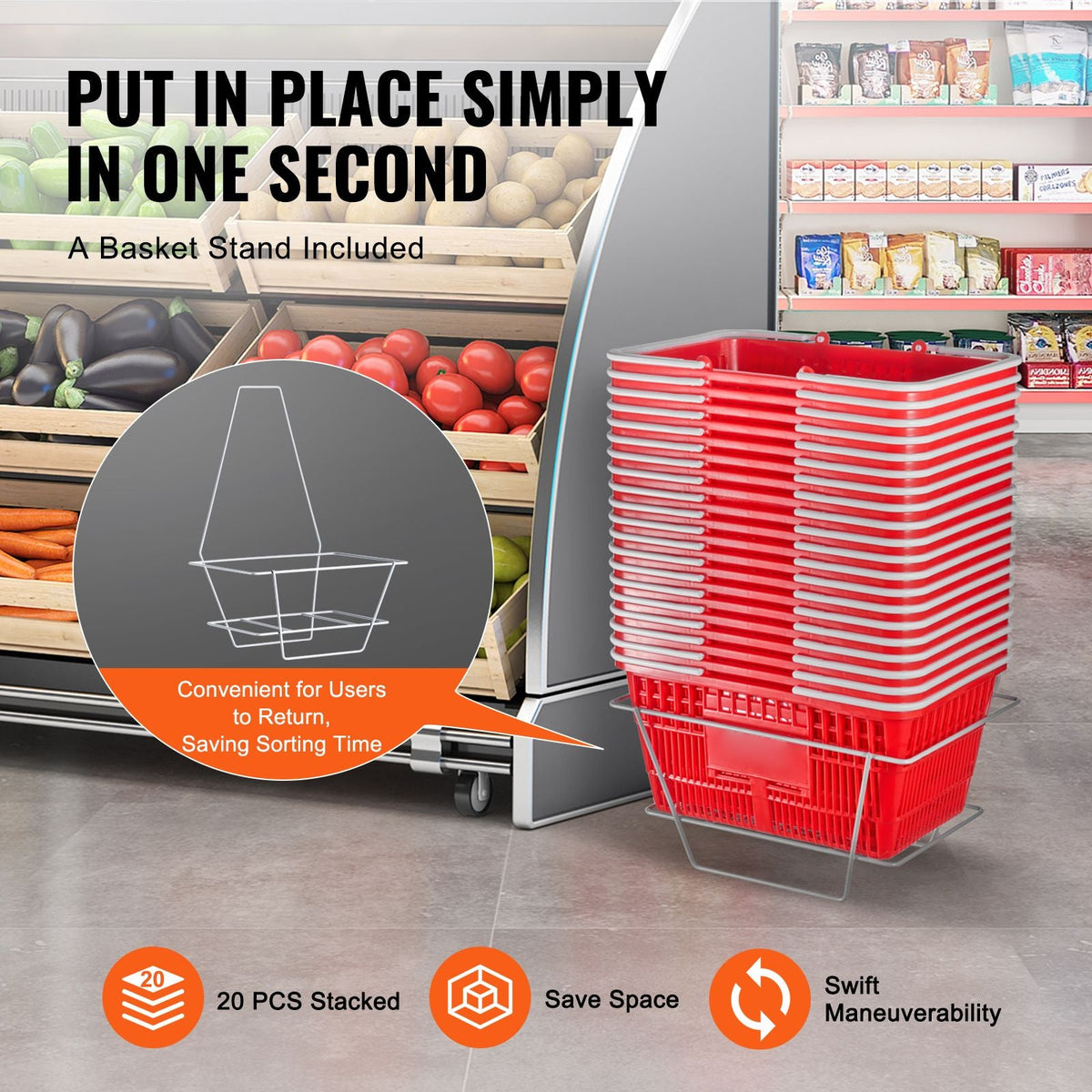 Shopping Basket, Set of 20, 21L Durable Plastic Grocery Basket with Handle and Stand, 16.5 x 11.8 x 8.27 inch Portable Shop Basket Bulk Used for Retail Store Supermarket Grocery Shopping, Red