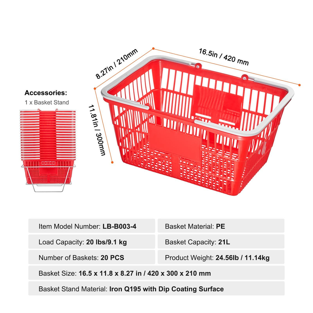 Shopping Basket, Set of 20, 21L Durable Plastic Grocery Basket with Handle and Stand, 16.5 x 11.8 x 8.27 inch Portable Shop Basket Bulk Used for Retail Store Supermarket Grocery Shopping, Red