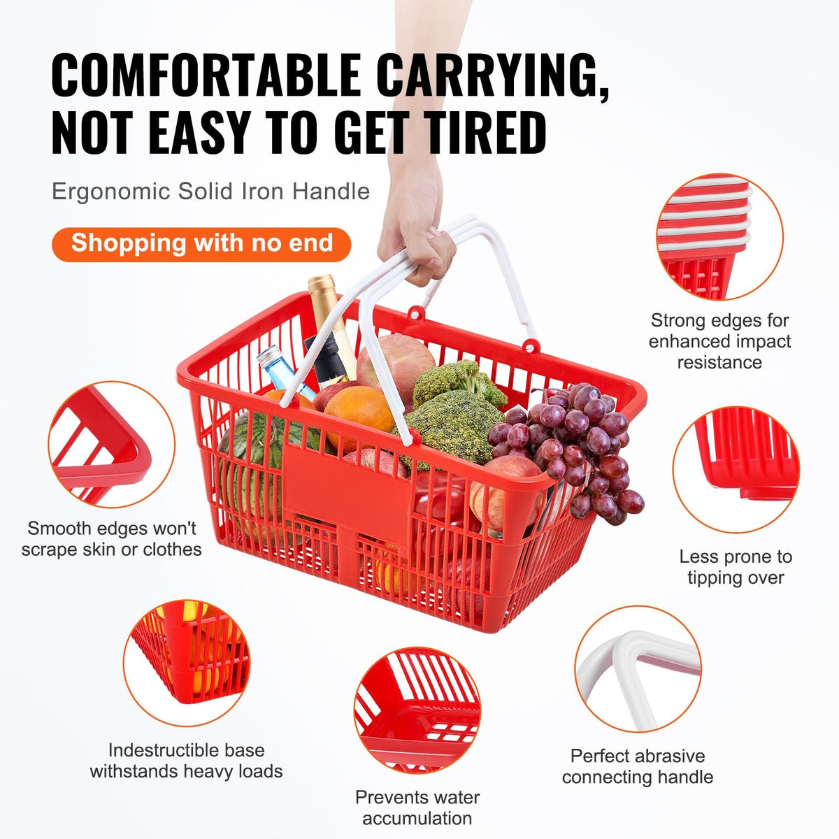 Shopping Basket, Set of 20, 21L Durable Plastic Grocery Basket with Handle and Stand, 16.5 x 11.8 x 8.27 inch Portable Shop Basket Bulk Used for Retail Store Supermarket Grocery Shopping, Red