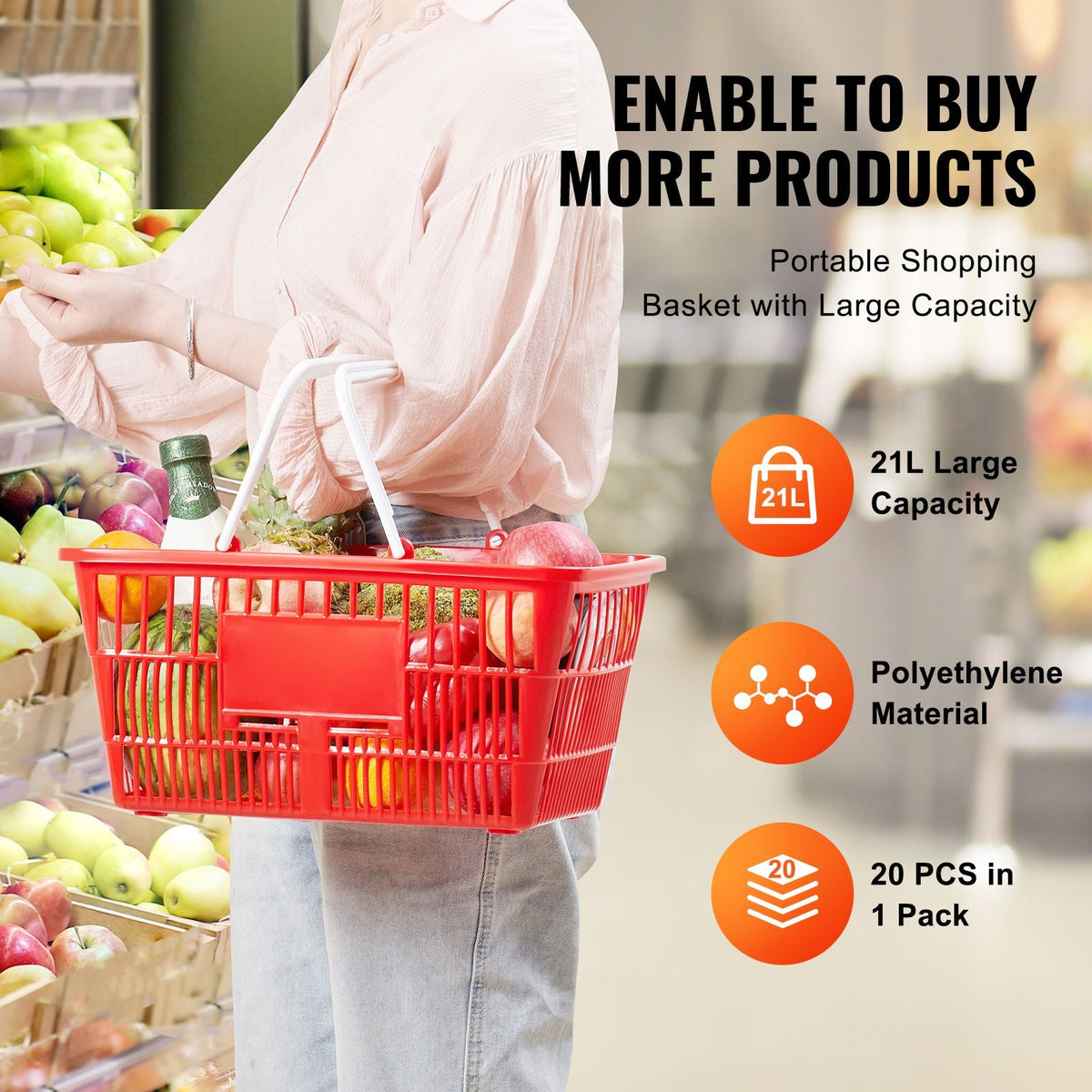 Shopping Basket, Set of 20, 21L Durable Plastic Grocery Basket with Handle and Stand, 16.5 x 11.8 x 8.27 inch Portable Shop Basket Bulk Used for Retail Store Supermarket Grocery Shopping, Red