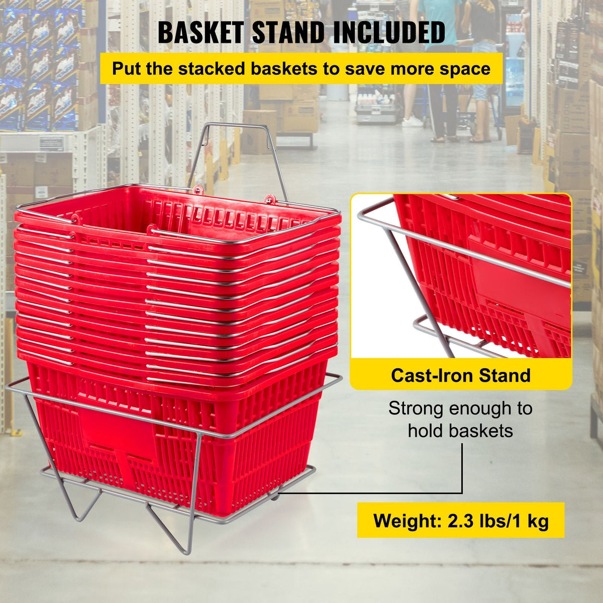 Shopping Baskets, 12-Pack, Red, Sturdy Polyethylene with Handles and Stand, Size: 16.9"L x 11.8"W x 8.07"H, Suitable for Stores & Groceries - Capacity: 21 L/5.6 Gal