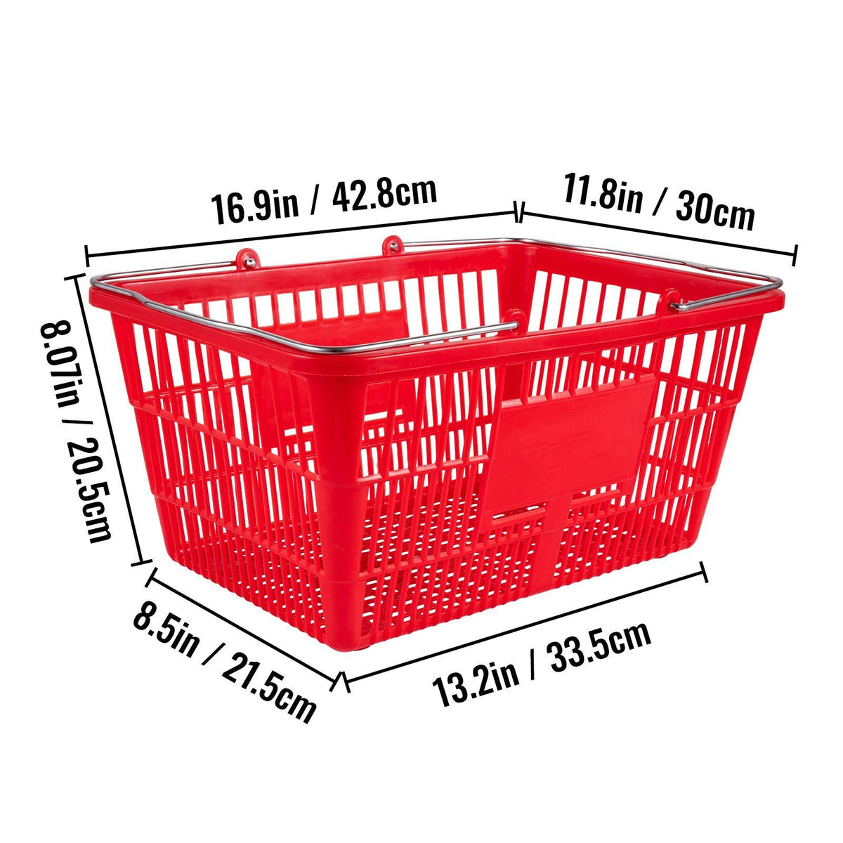 Shopping Baskets, 12-Pack, Red, Sturdy Polyethylene with Handles and Stand, Size: 16.9"L x 11.8"W x 8.07"H, Suitable for Stores & Groceries - Capacity: 21 L/5.6 Gal