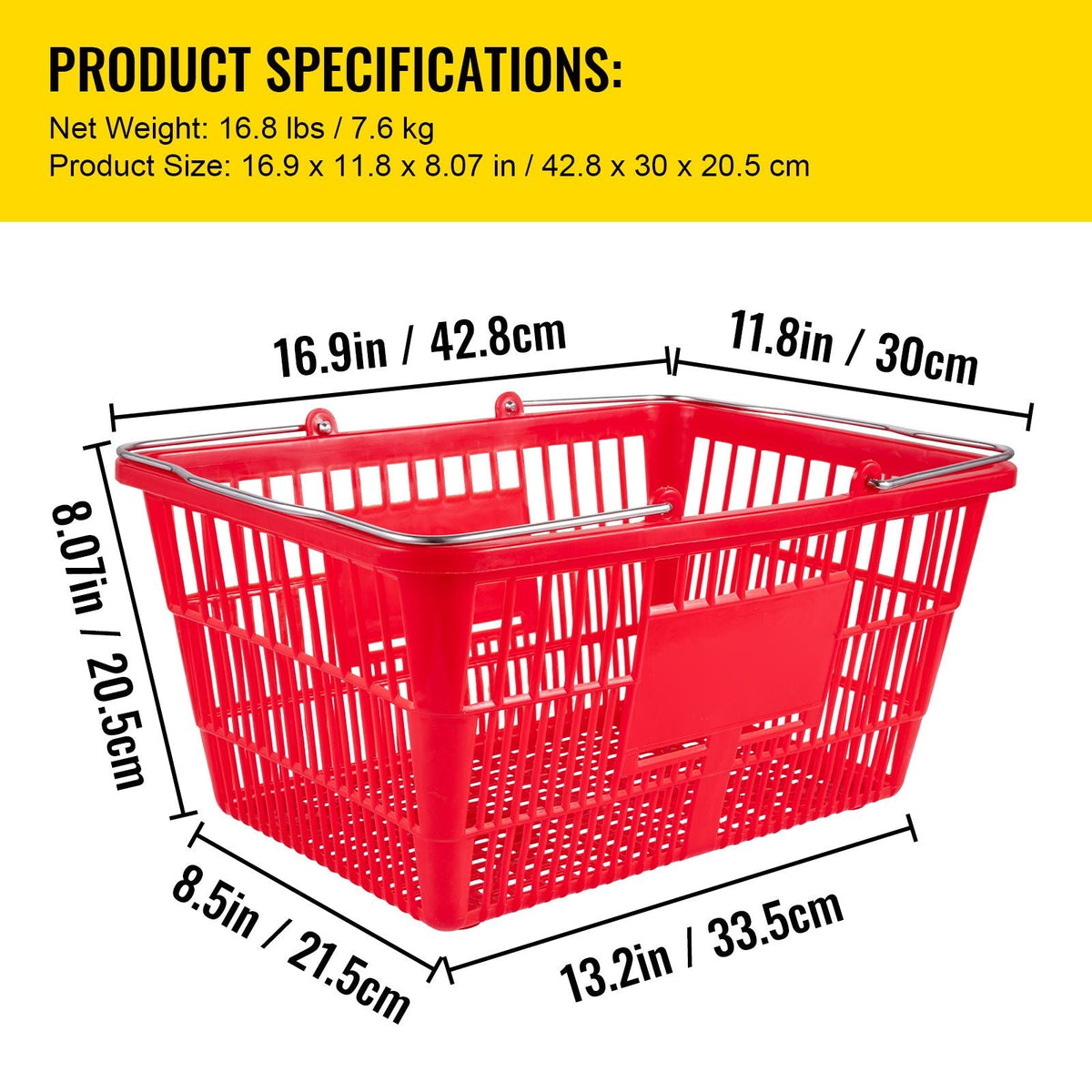 Shopping Baskets, 12-Pack, Red, Sturdy Polyethylene with Handles and Stand, Size: 16.9"L x 11.8"W x 8.07"H, Suitable for Stores & Groceries - Capacity: 21 L/5.6 Gal