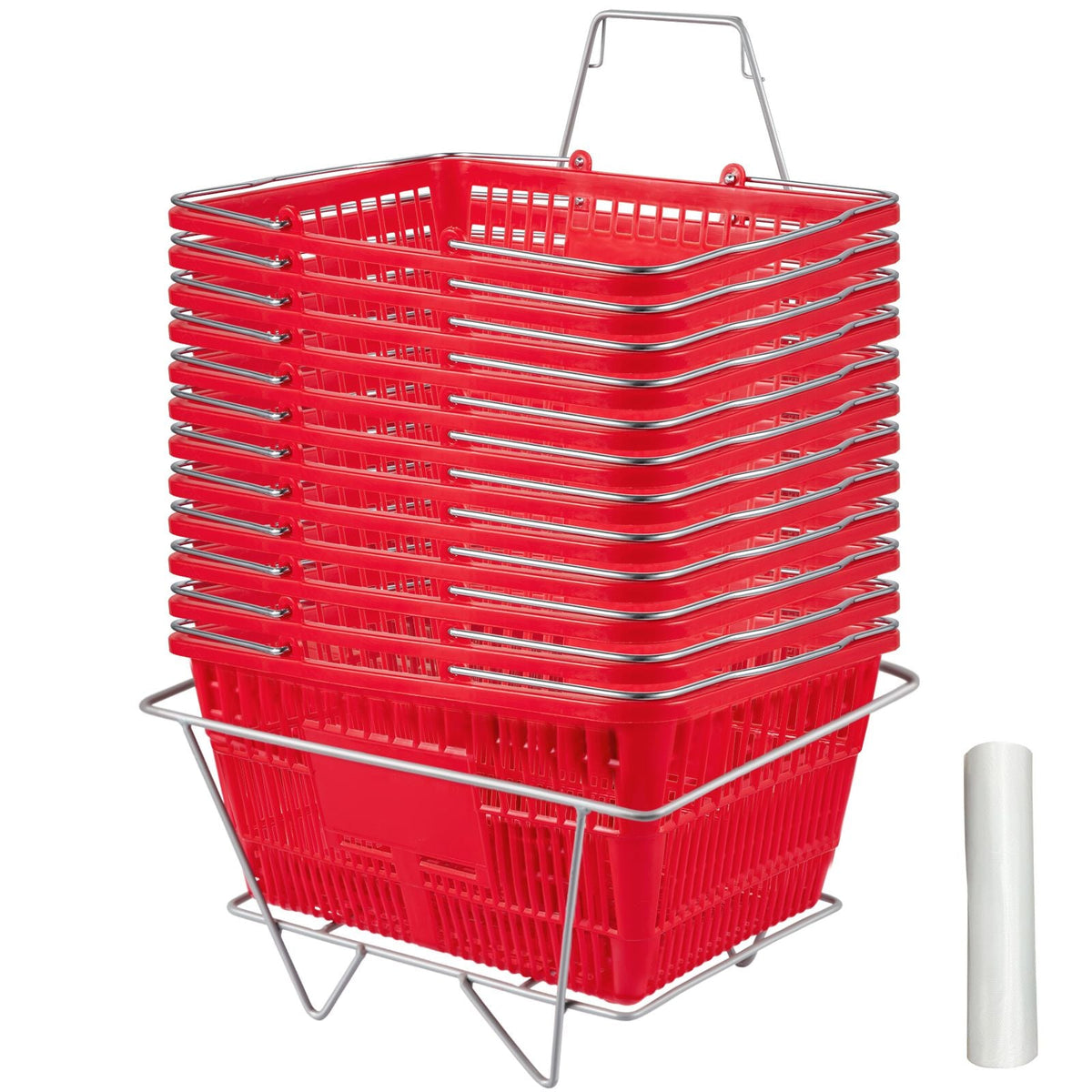 Shopping Baskets, 12-Pack, Red, Sturdy Polyethylene with Handles and Stand, Size: 16.9"L x 11.8"W x 8.07"H, Suitable for Stores & Groceries - Capacity: 21 L/5.6 Gal