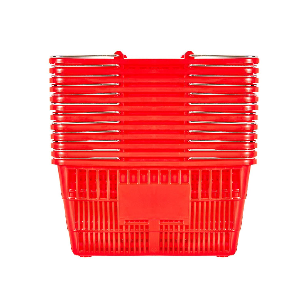 Shopping Baskets, 12 PCS, 21L Stackable PE Plastic Grocery Baskets with Metal Handles, Dense Mesh Structure, Holds up to 20 lbs, Portable for Grocery, Retail, Stores, Supermarket, Home Use, Red