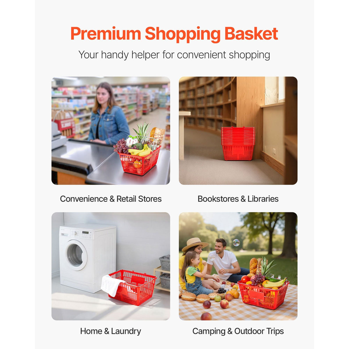 Shopping Baskets, 12 PCS, 21L Stackable PE Plastic Grocery Baskets with Metal Handles, Dense Mesh Structure, Holds up to 20 lbs, Portable for Grocery, Retail, Stores, Supermarket, Home Use, Red