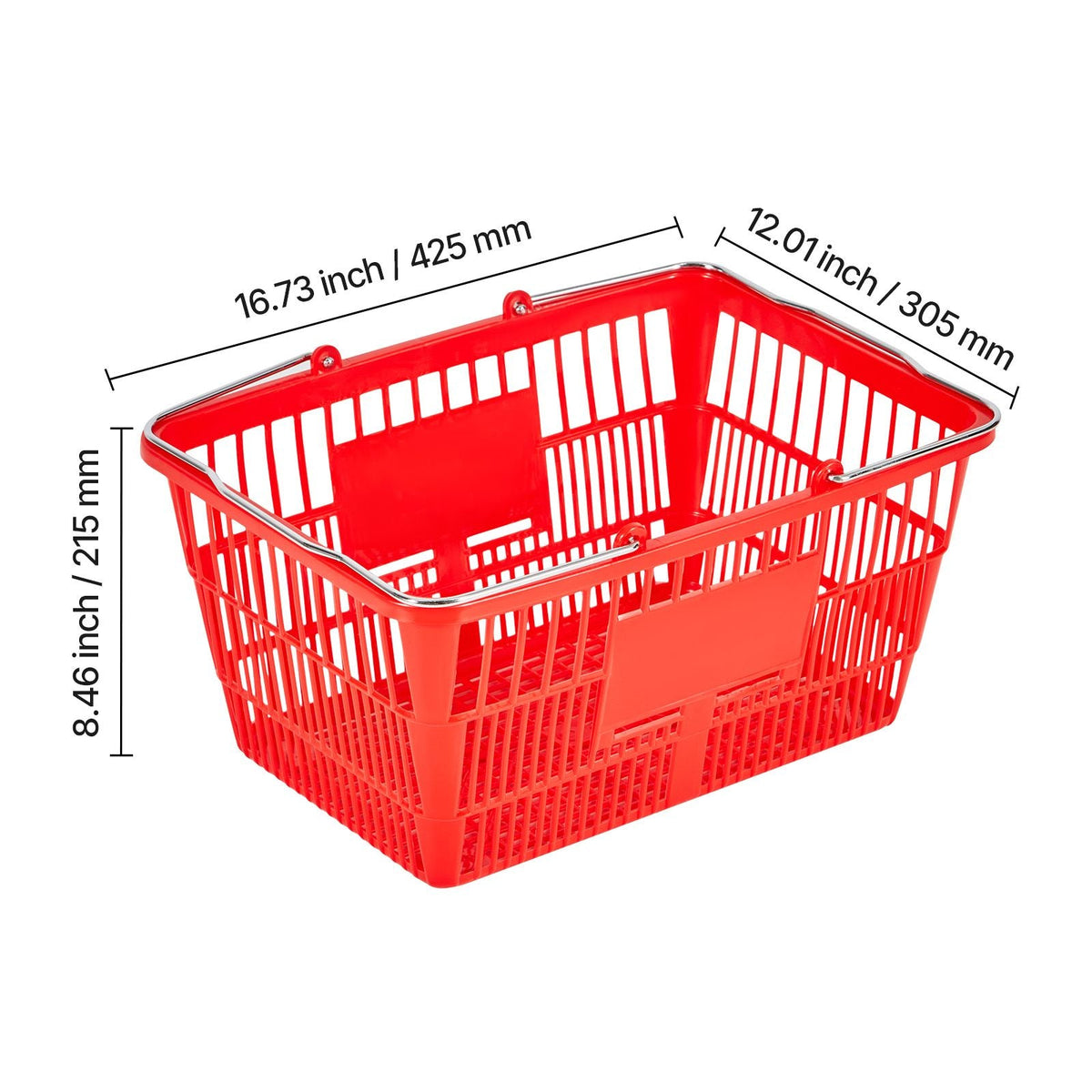 Shopping Baskets, 12 PCS, 21L Stackable PE Plastic Grocery Baskets with Metal Handles, Dense Mesh Structure, Holds up to 20 lbs, Portable for Grocery, Retail, Stores, Supermarket, Home Use, Red
