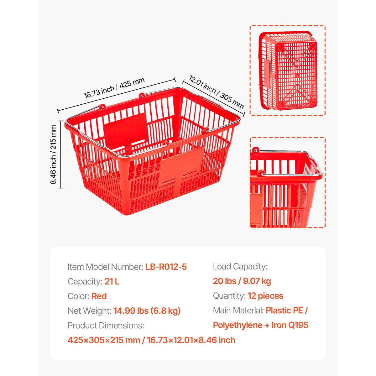 Shopping Baskets, 12 PCS, 21L Stackable PE Plastic Grocery Baskets with Metal Handles, Dense Mesh Structure, Holds up to 20 lbs, Portable for Grocery, Retail, Stores, Supermarket, Home Use, Red
