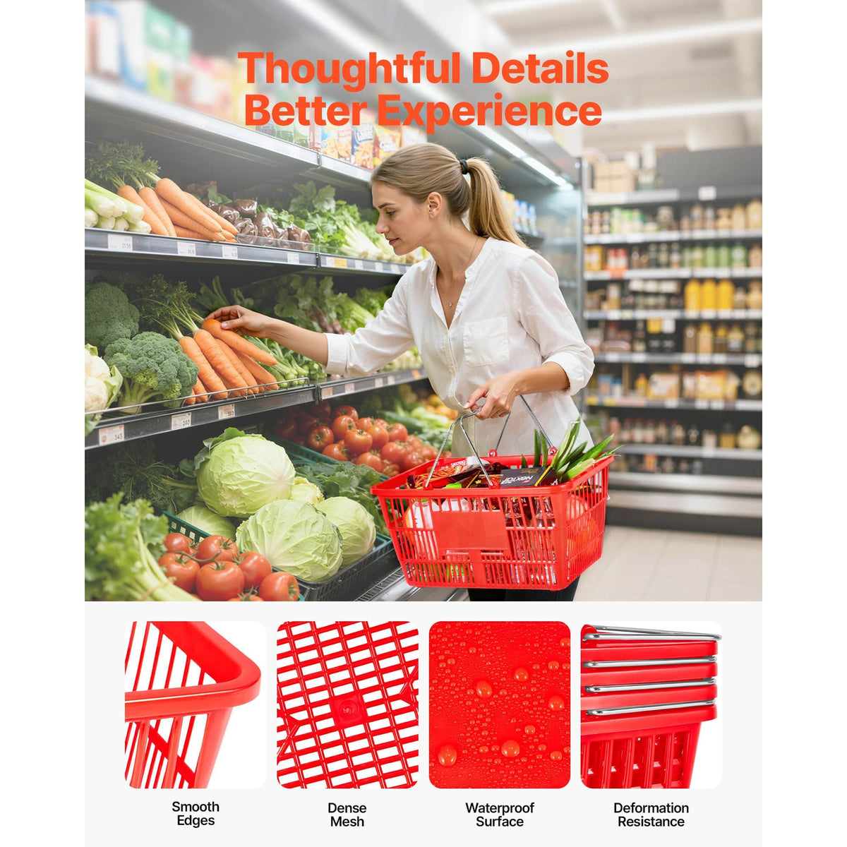 Shopping Baskets, 12 PCS, 21L Stackable PE Plastic Grocery Baskets with Metal Handles, Dense Mesh Structure, Holds up to 20 lbs, Portable for Grocery, Retail, Stores, Supermarket, Home Use, Red