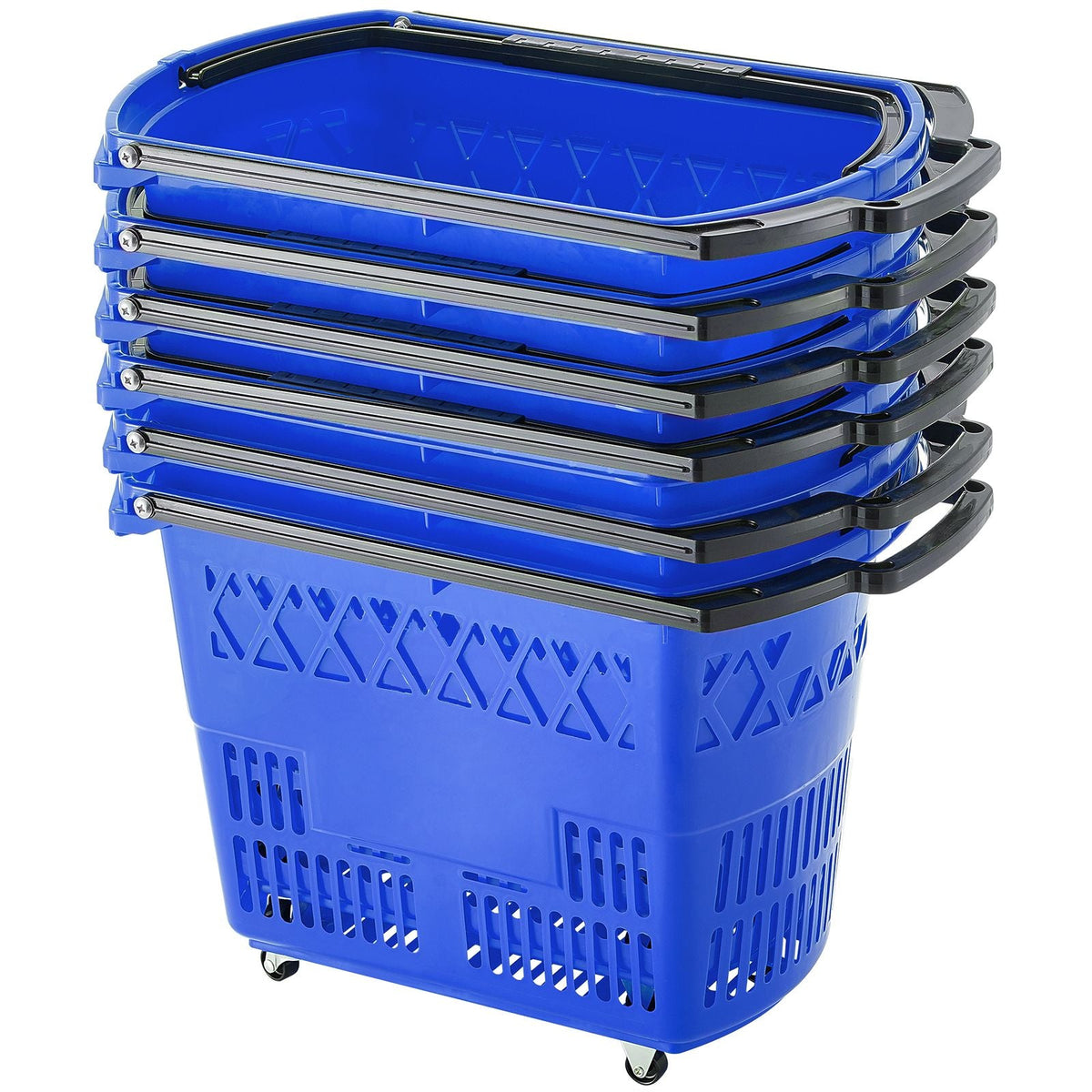 Shopping Baskets, 6PCS, 39L Shopping Carts with Handles, Plastic Rolling Shopping Basket with Wheels, Large Portable Shopping Basket Set for Supermarkets, Retail Stores, Grocery Shopping, Blue