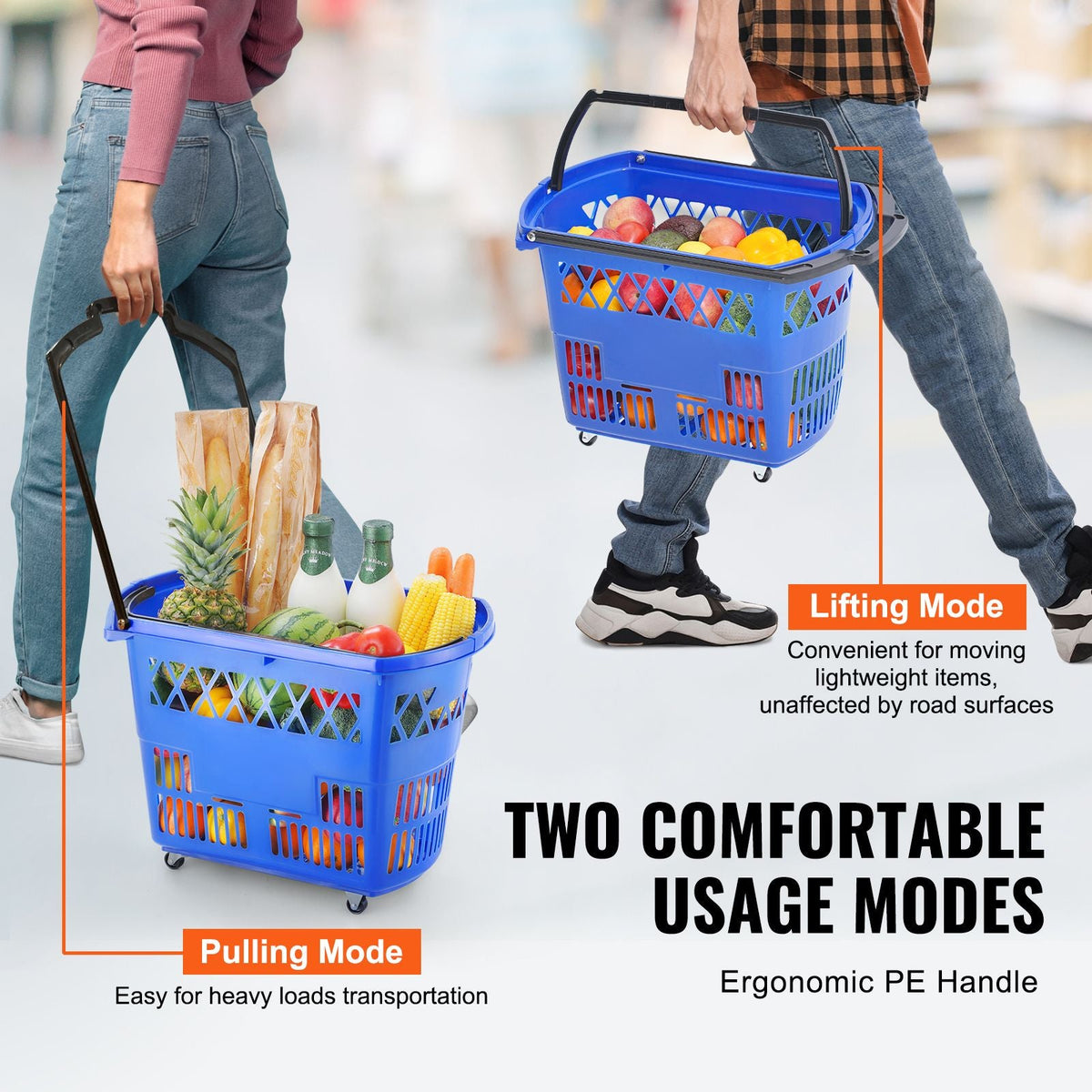 Shopping Baskets, 6PCS, 39L Shopping Carts with Handles, Plastic Rolling Shopping Basket with Wheels, Large Portable Shopping Basket Set for Supermarkets, Retail Stores, Grocery Shopping, Blue