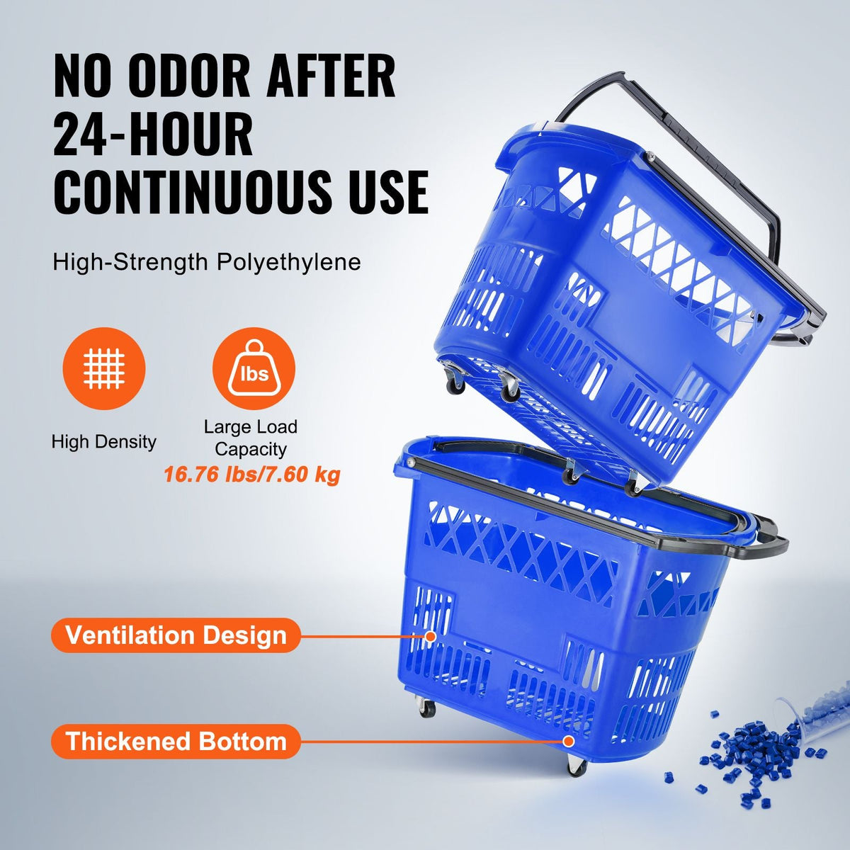Shopping Baskets, 6PCS, 39L Shopping Carts with Handles, Plastic Rolling Shopping Basket with Wheels, Large Portable Shopping Basket Set for Supermarkets, Retail Stores, Grocery Shopping, Blue
