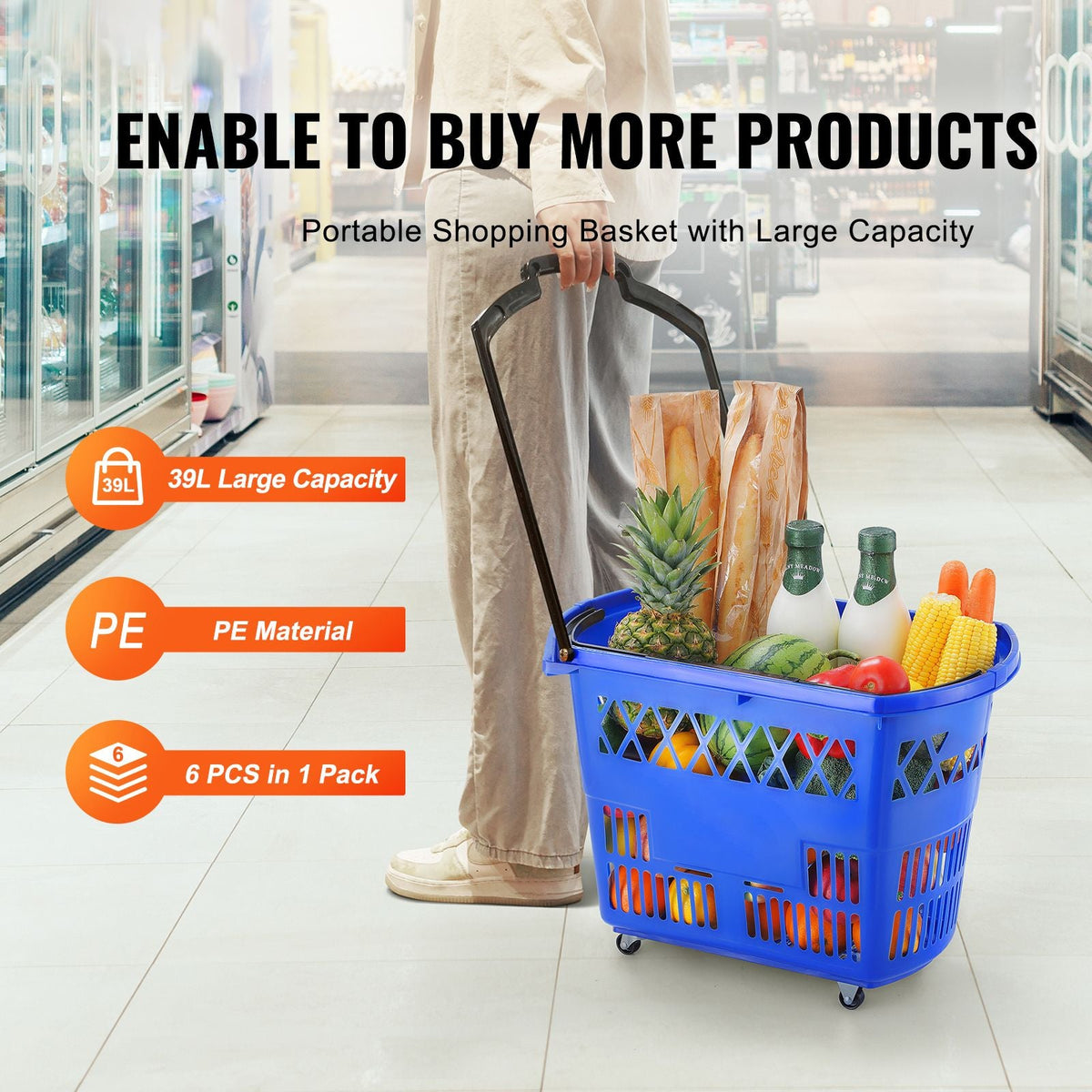 Shopping Baskets, 6PCS, 39L Shopping Carts with Handles, Plastic Rolling Shopping Basket with Wheels, Large Portable Shopping Basket Set for Supermarkets, Retail Stores, Grocery Shopping, Blue
