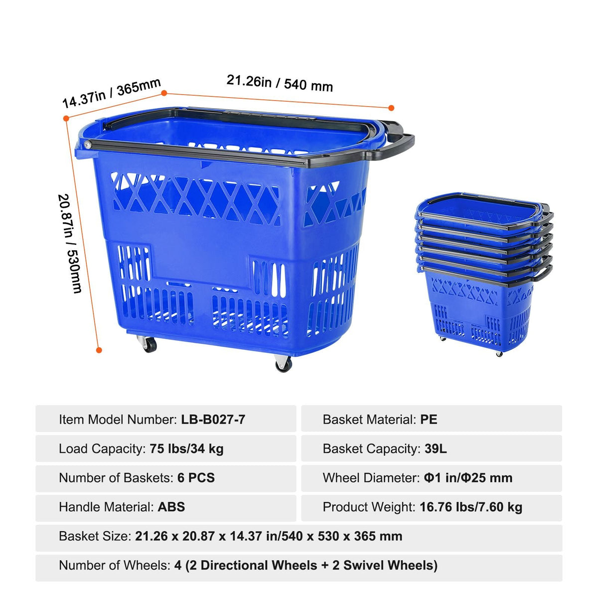 Shopping Baskets, 6PCS, 39L Shopping Carts with Handles, Plastic Rolling Shopping Basket with Wheels, Large Portable Shopping Basket Set for Supermarkets, Retail Stores, Grocery Shopping, Blue