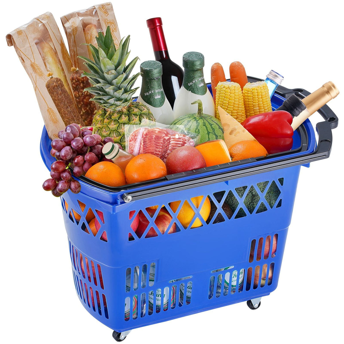 Shopping Baskets, 6PCS, 39L Shopping Carts with Handles, Plastic Rolling Shopping Basket with Wheels, Large Portable Shopping Basket Set for Supermarkets, Retail Stores, Grocery Shopping, Blue