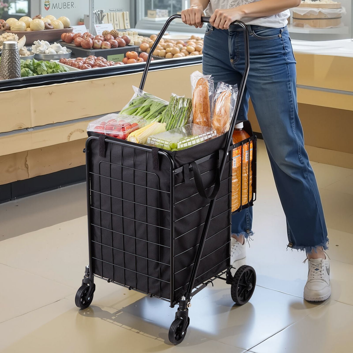 Shopping Cart, Folding Grocery Utility Cart with Dual Baskets, Waterproof Liner & Wheels, 100 LBS Large Load Capacity, Heavy Duty Laundry Basket for Laundry, Shopping, Camping, Grocery, Luggage